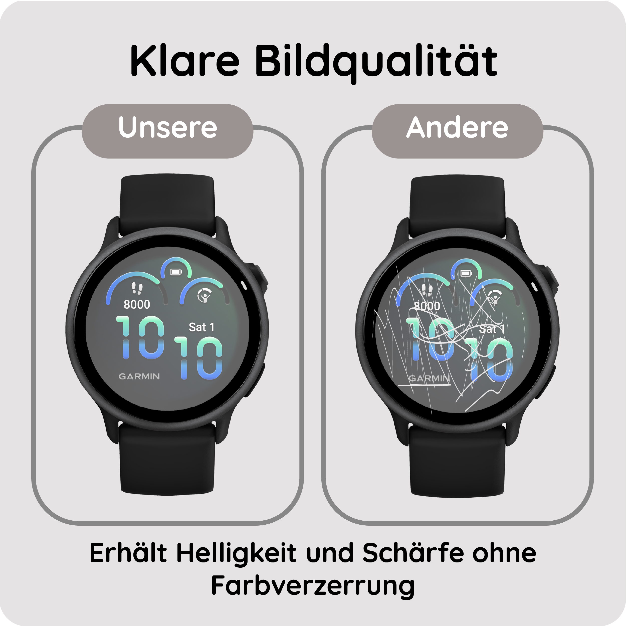 Zwei Garmin Uhren im direkten Vergleich: Eine mit klarer, eine mit zerkratzter Anzeige.