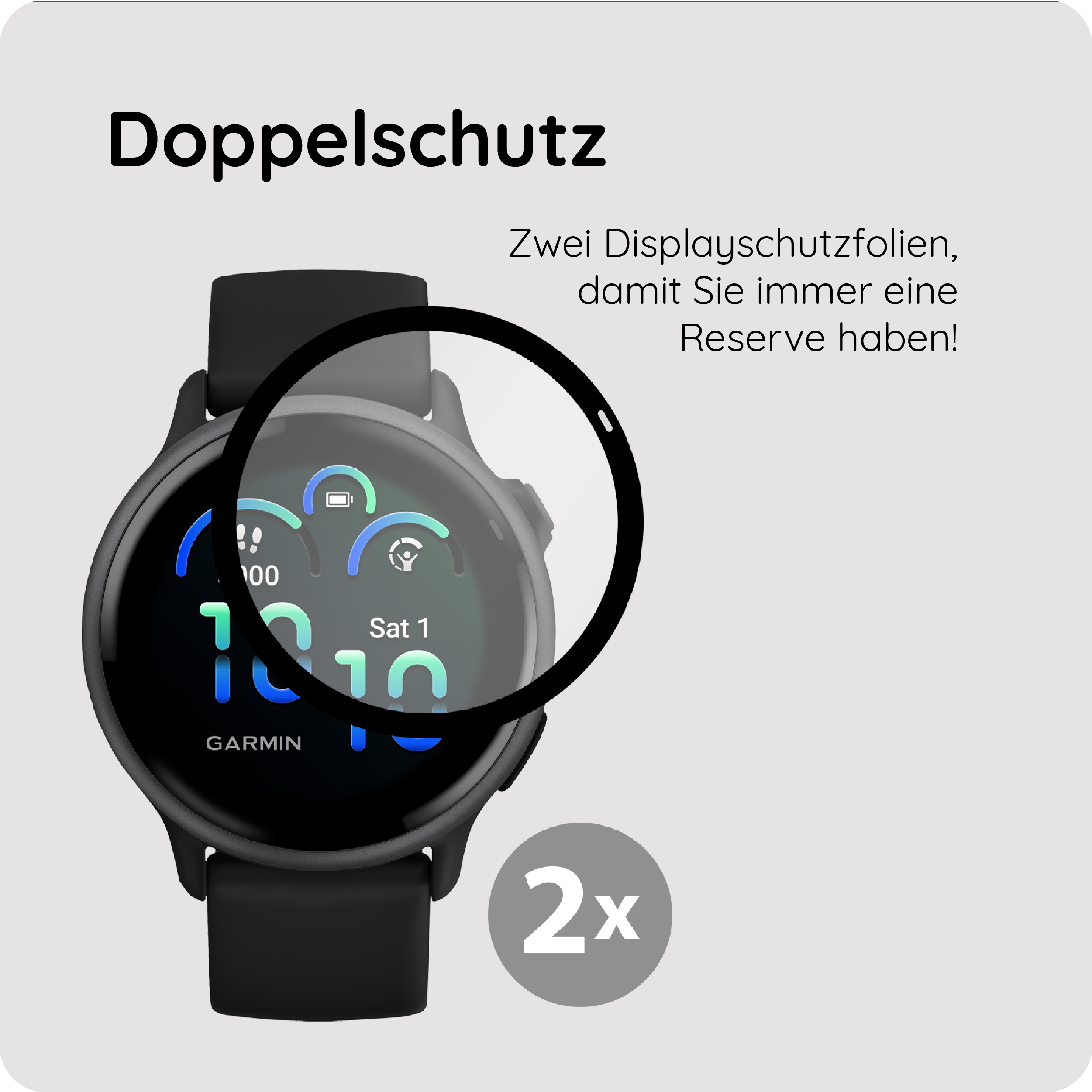 Schwarzes Garmin Smartwatch-Display mit "2x" und deutschem Text.