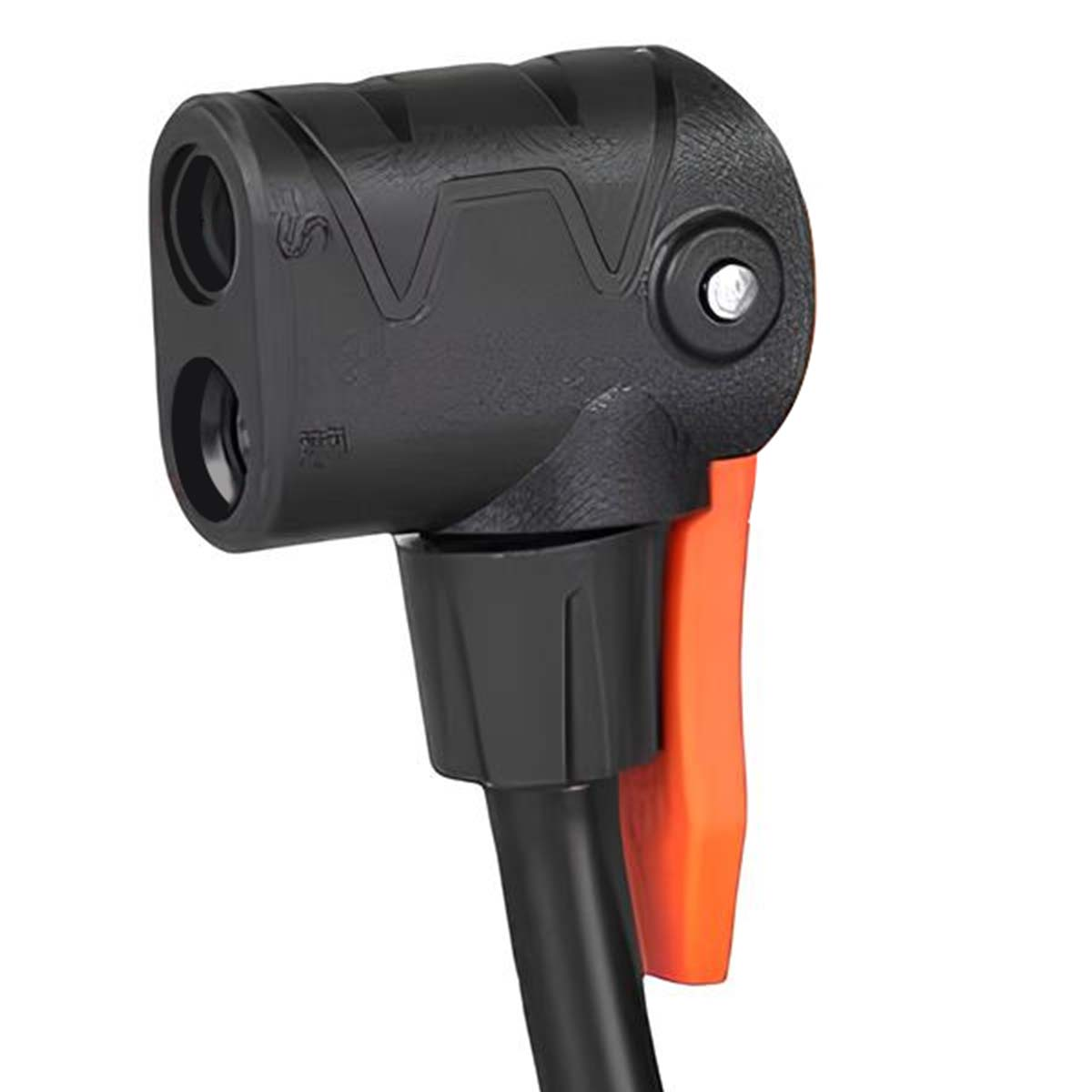 Schwarzer Fahrradventiladapter mit orangefarbenem Hebel, Nahaufnahme.