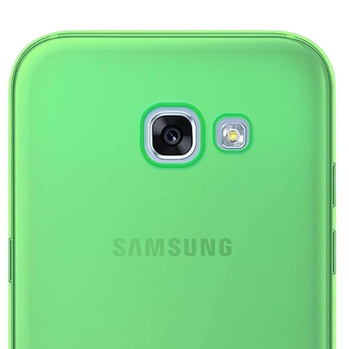Smartphone Samsung verde con fotocamera e flash sulla parte superiore posteriore.