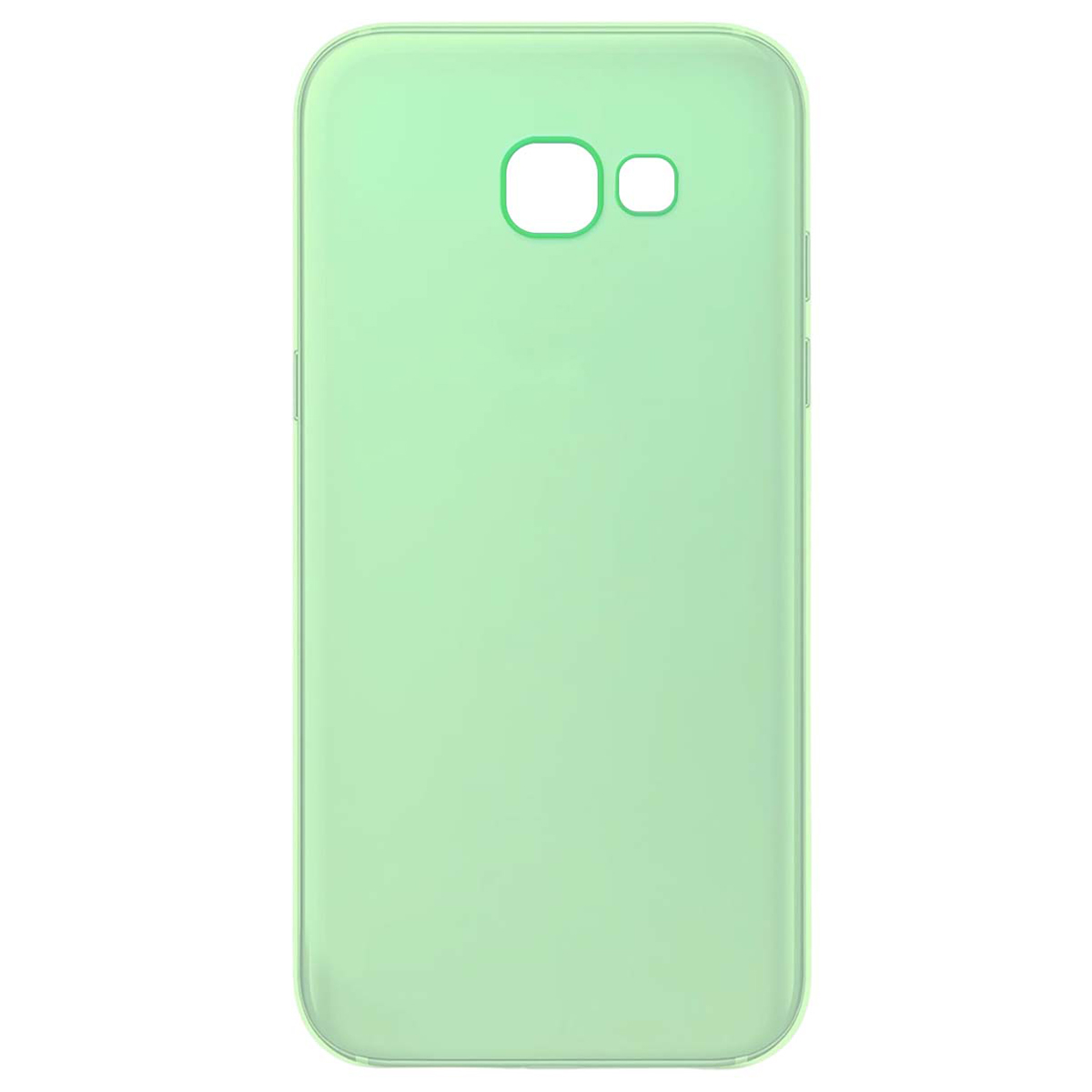 Una cover per telefono verde chiaro con ritagli per fotocamera e flash.