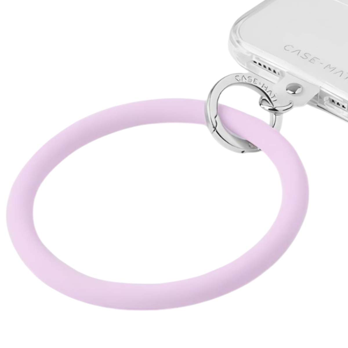Un laccetto viola per telefono con anello e moschettone argentati.
