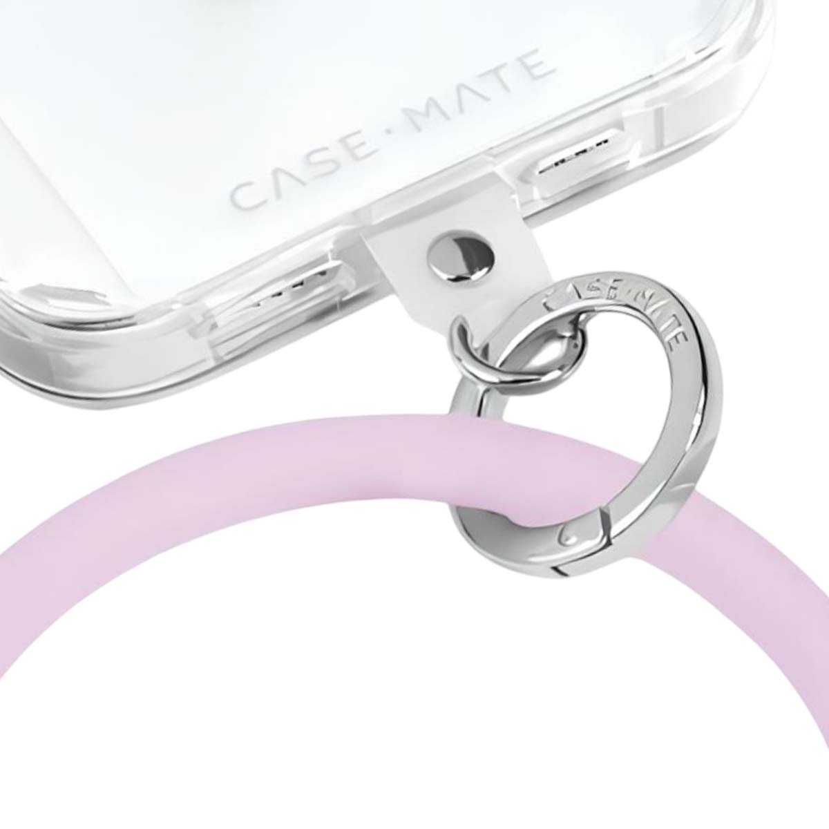 Custodia trasparente per telefono con cinturino rosa attaccato a un anello di metallo.