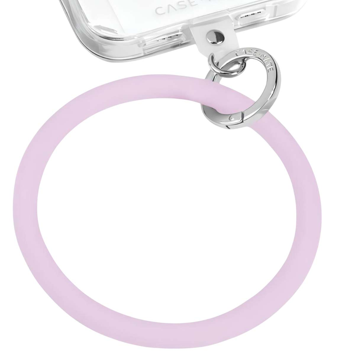 Un cinturino rosa chiaro è attaccato a una custodia per telefono trasparente.