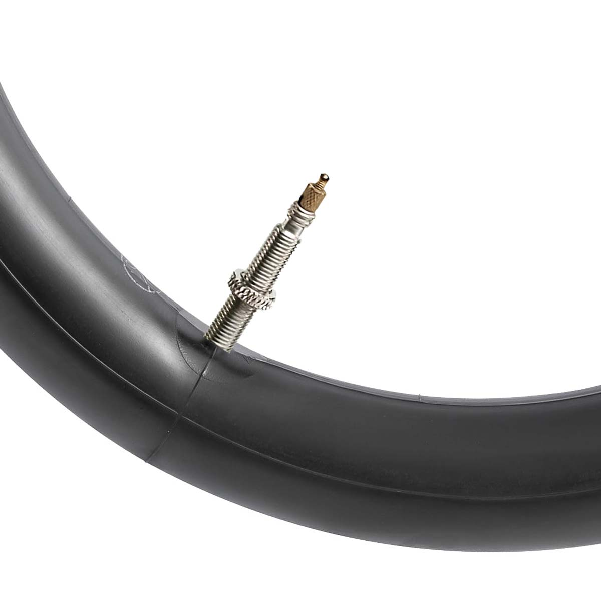 Nahaufnahme eines schwarzen Fahrradschlauchventils mit Metallventil.