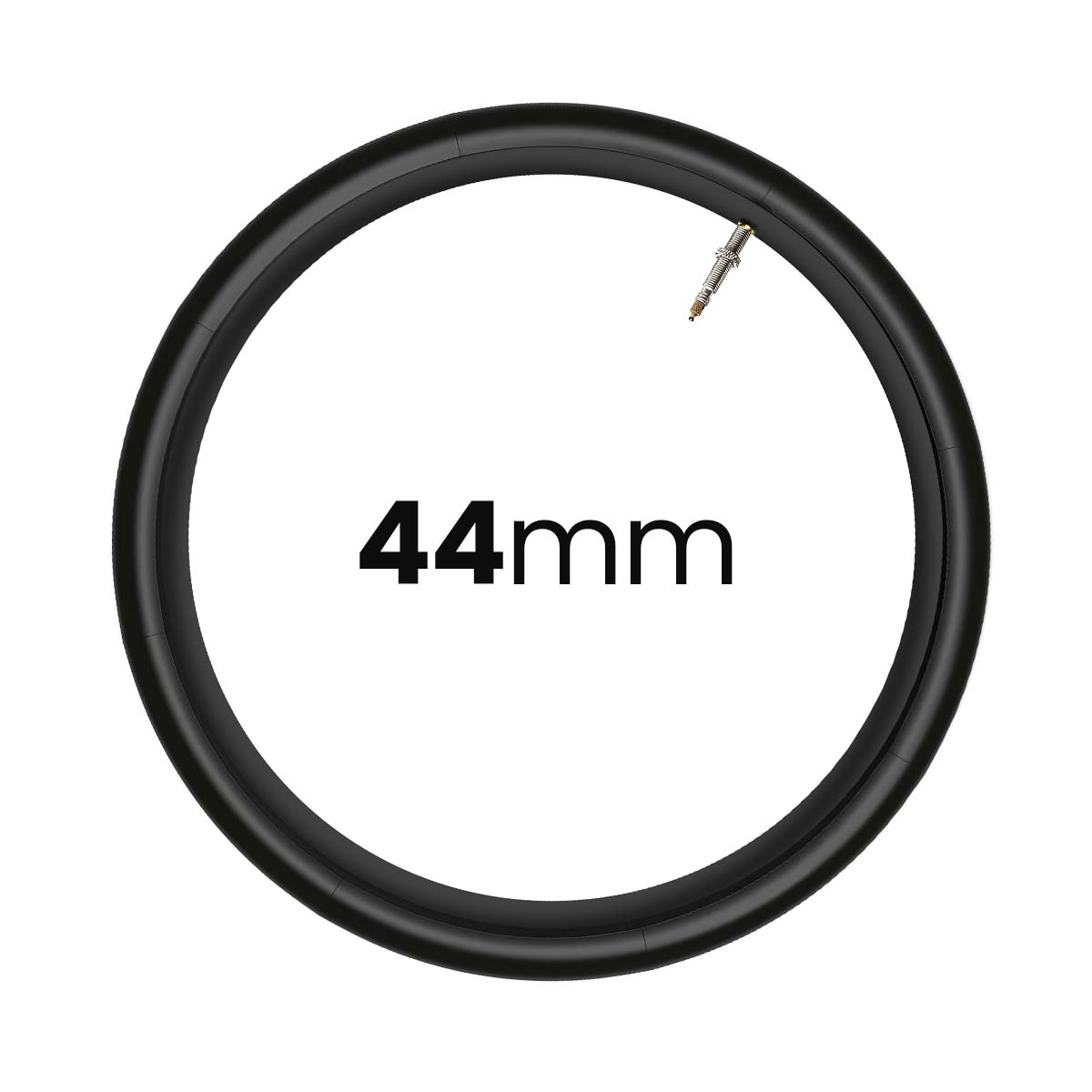 Ein schwarzer Fahrradschlauch mit einem Ventil und der Aufschrift 44mm.
