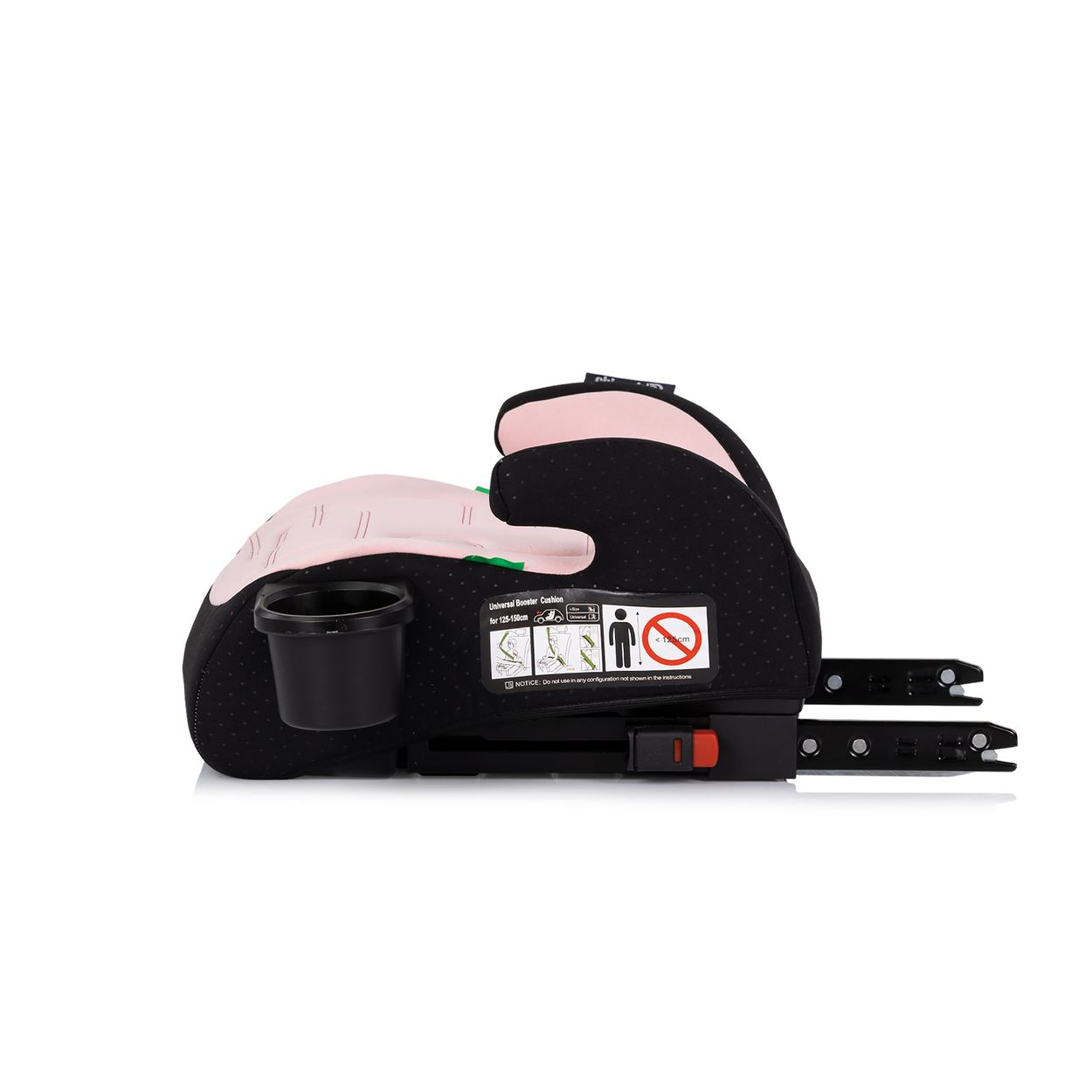 Schwarzer Autositz-Booster mit rosa Polsterung, Becherhalter und ISOFIX-Halterungen.