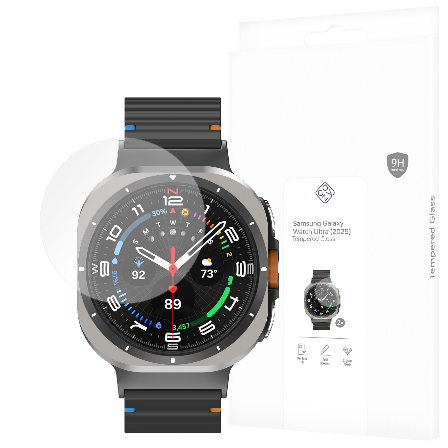 Ein Tempered Glass Schutz für die Samsung Galaxy Watch Ultra (2025) ist zu sehen.