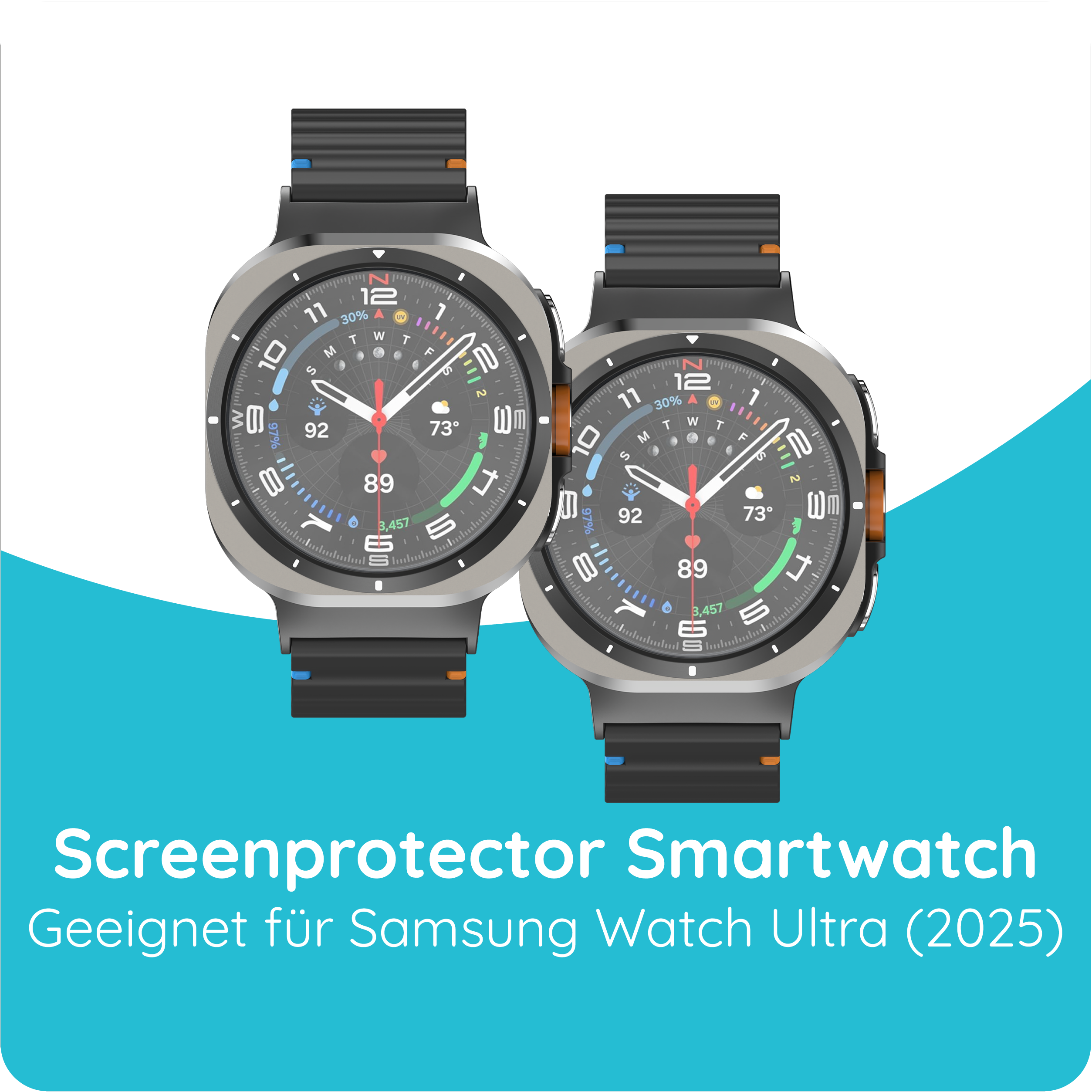 Zwei Smartwatches mit silbernem Gehäuse und schwarzen Armbändern.