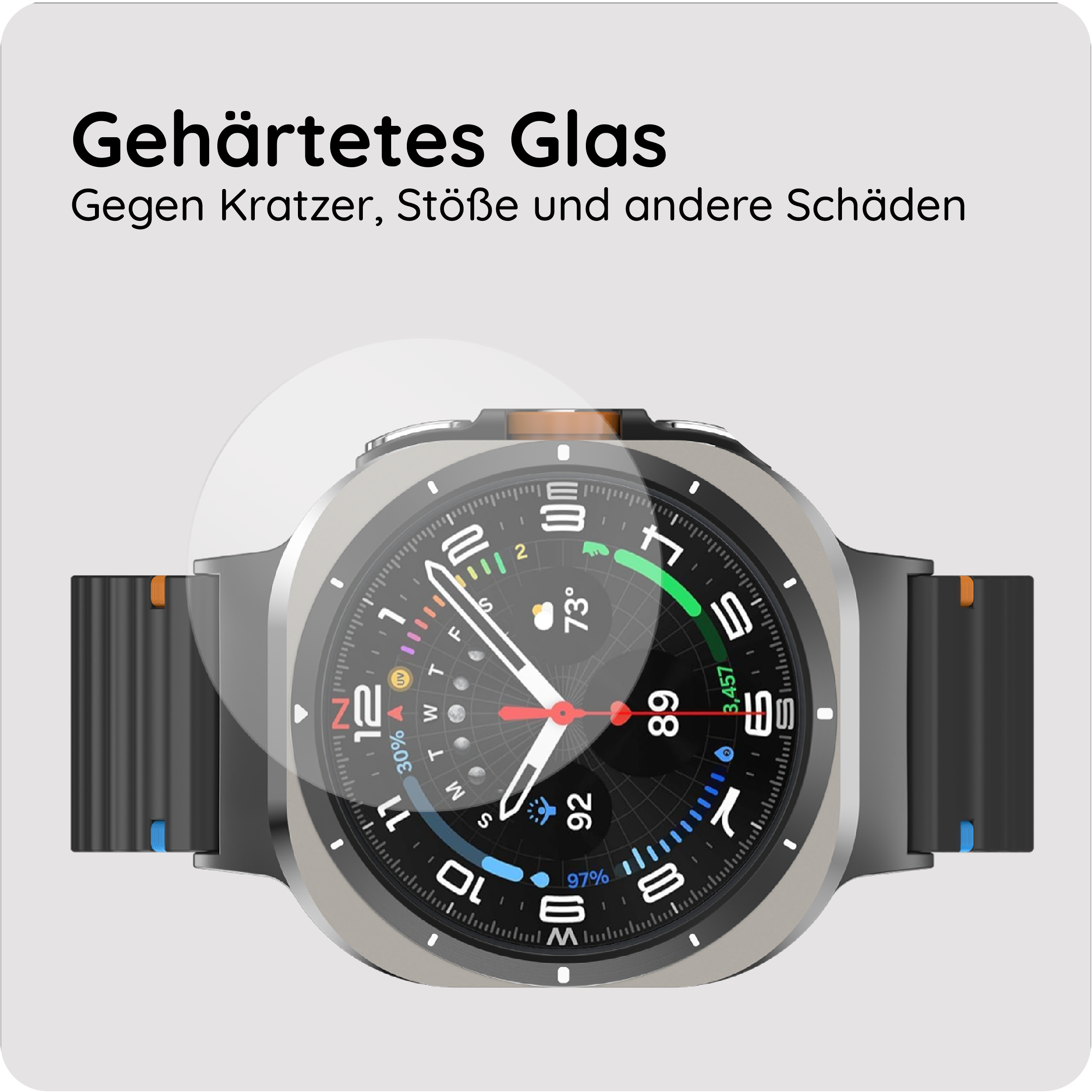 Nahaufnahme einer Smartwatch mit gehärtetem Glasdisplay, das vor Kratzern schützt.