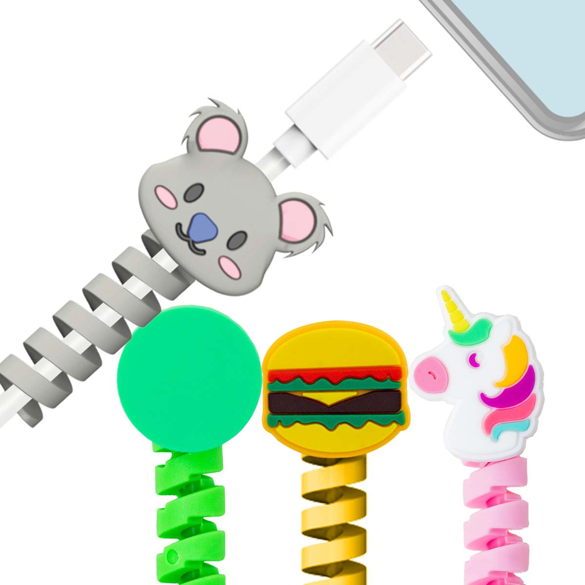 Protezione cavi a forma di koala, hamburger, unicorno e cerchio verde.
