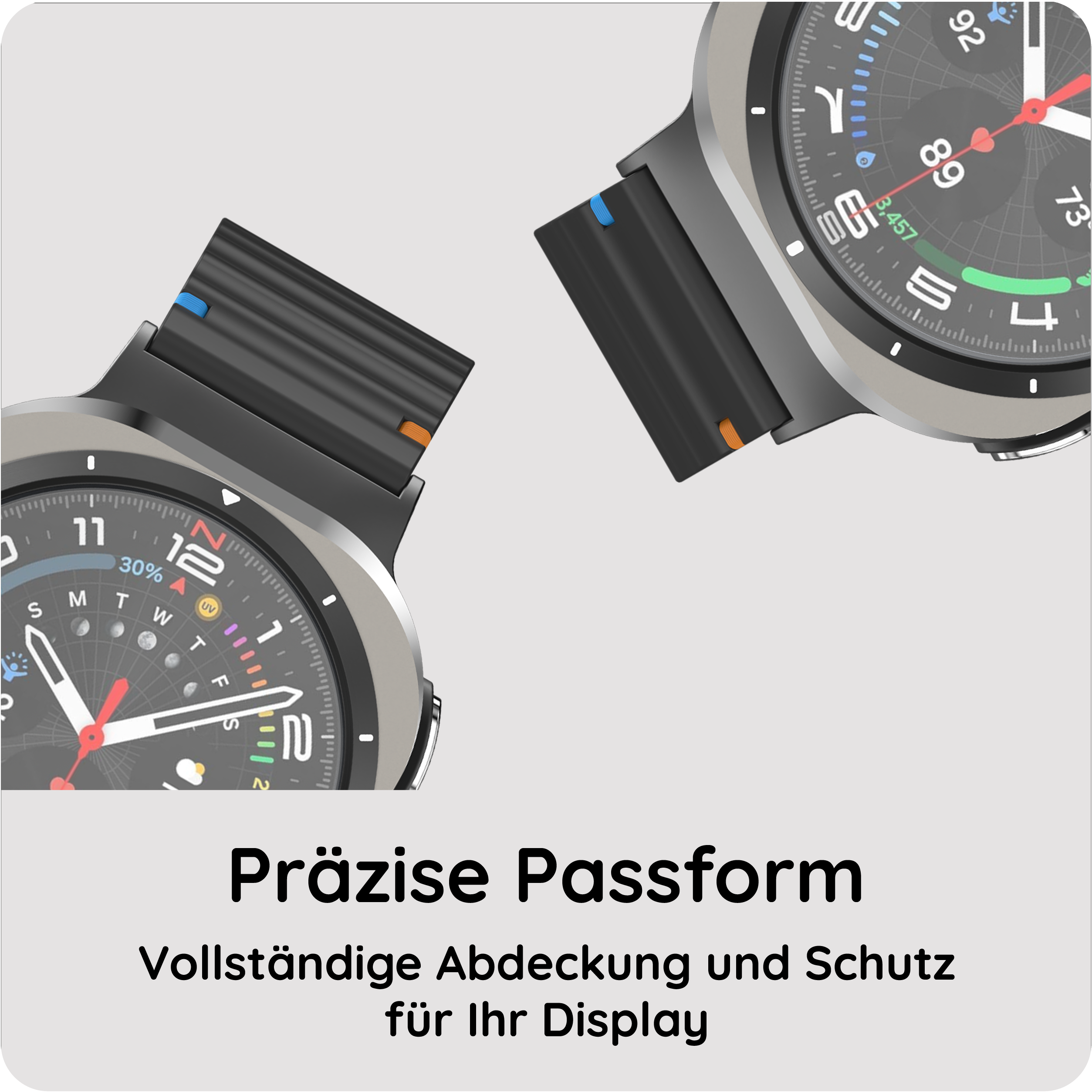 Zwei Smartwatches im Detail mit Fokus auf das Zifferblatt und Armband.