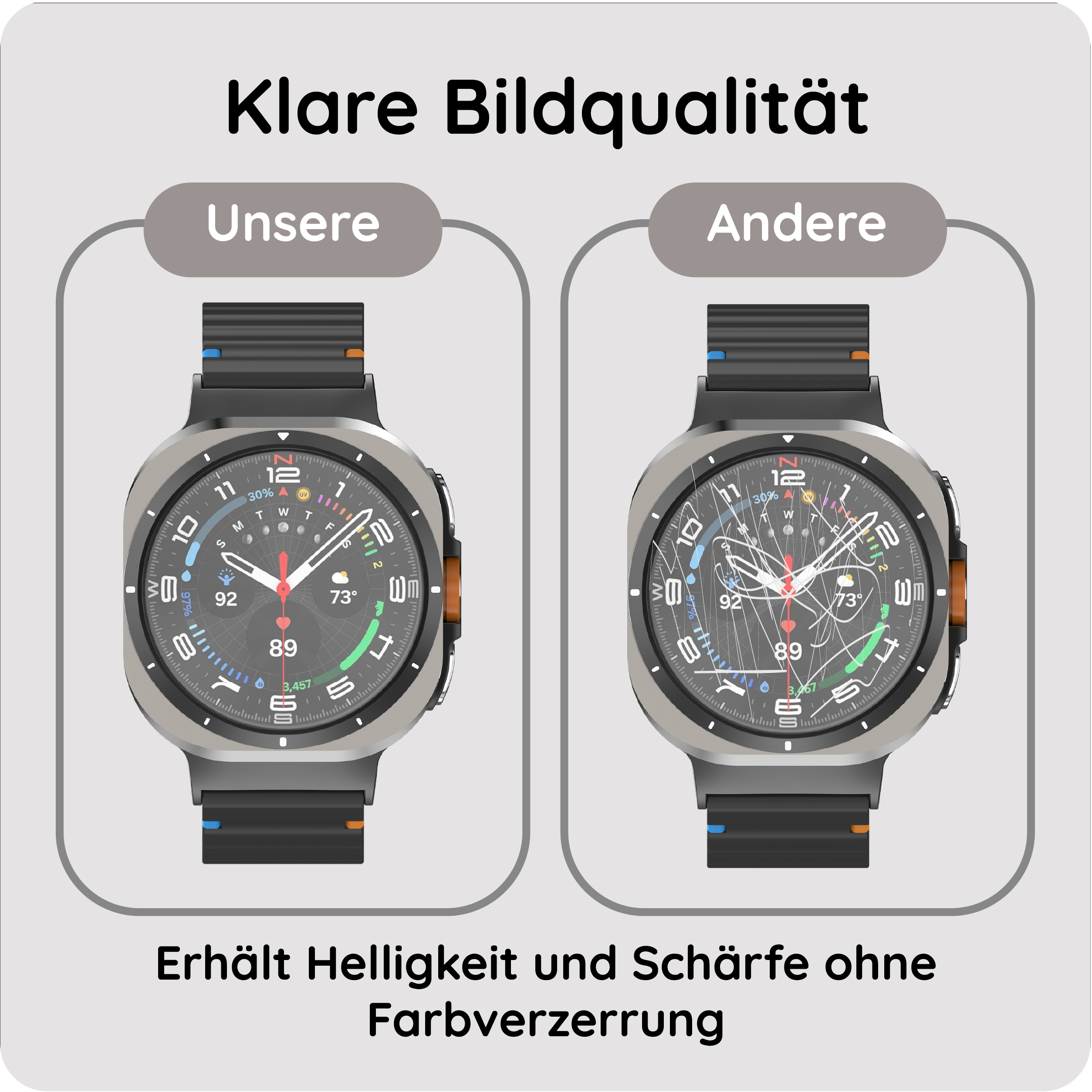 Zwei Uhren nebeneinander, eine klar, eine verschwommen. Klare Bildqualität.