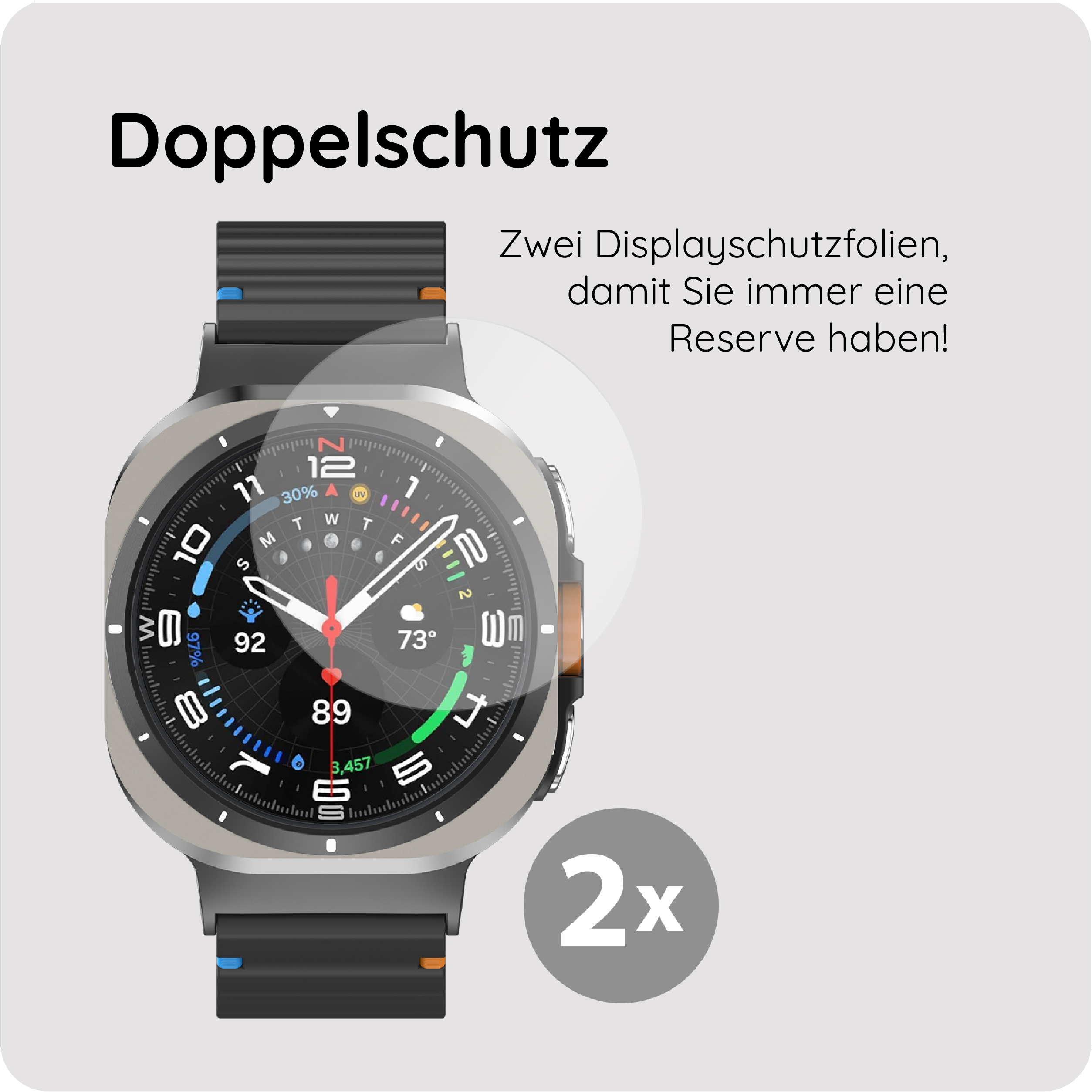 Eine Smartwatch mit einem Zifferblatt, das 73 Grad und eine Akkuladung von 30% anzeigt.