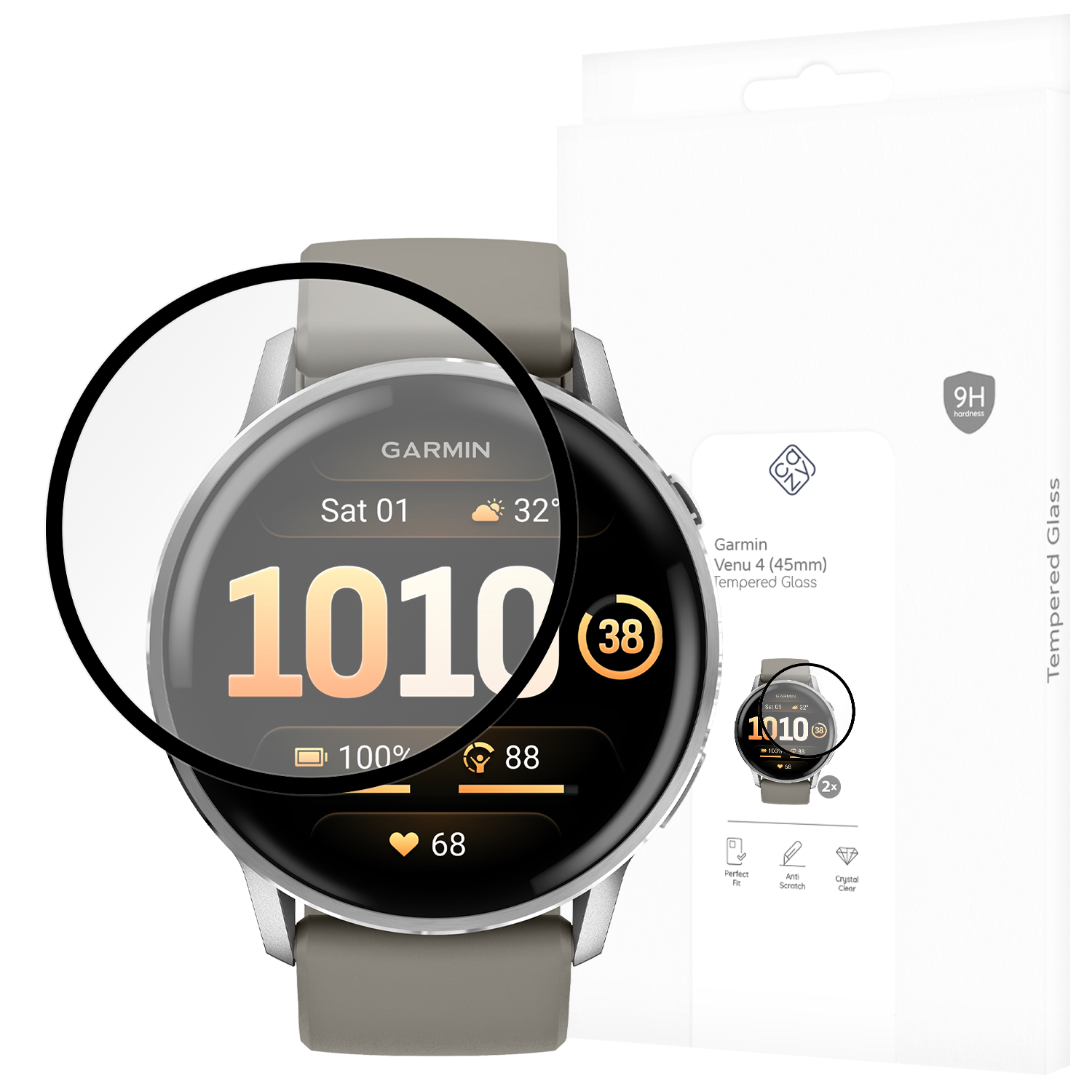 Garmin Venu 4 Smartwatch mit Displayschutzverpackung. Zeigt Zifferblatt.