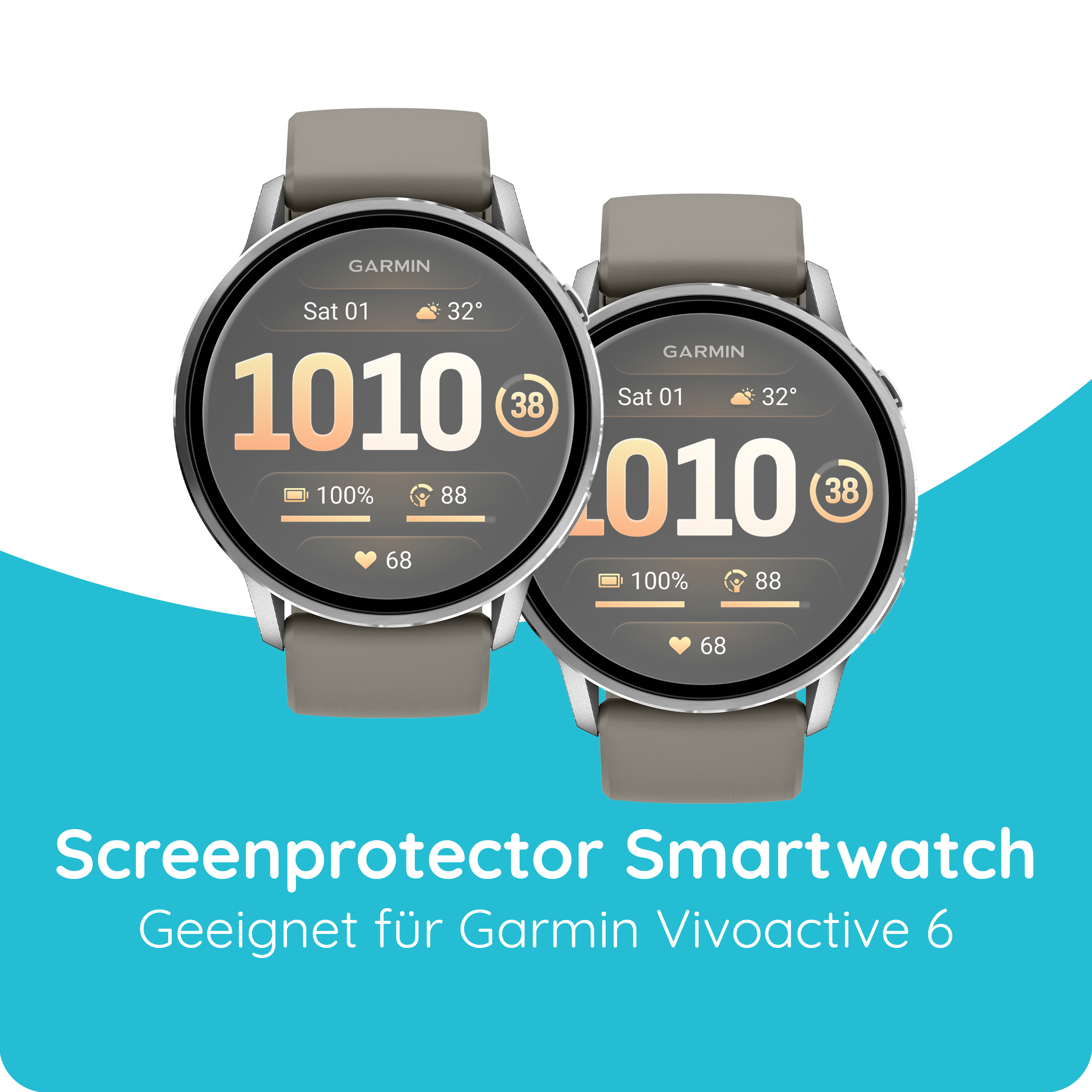 Zwei Garmin Smartwatches mit grauen Armbändern auf blauem Hintergrund.
