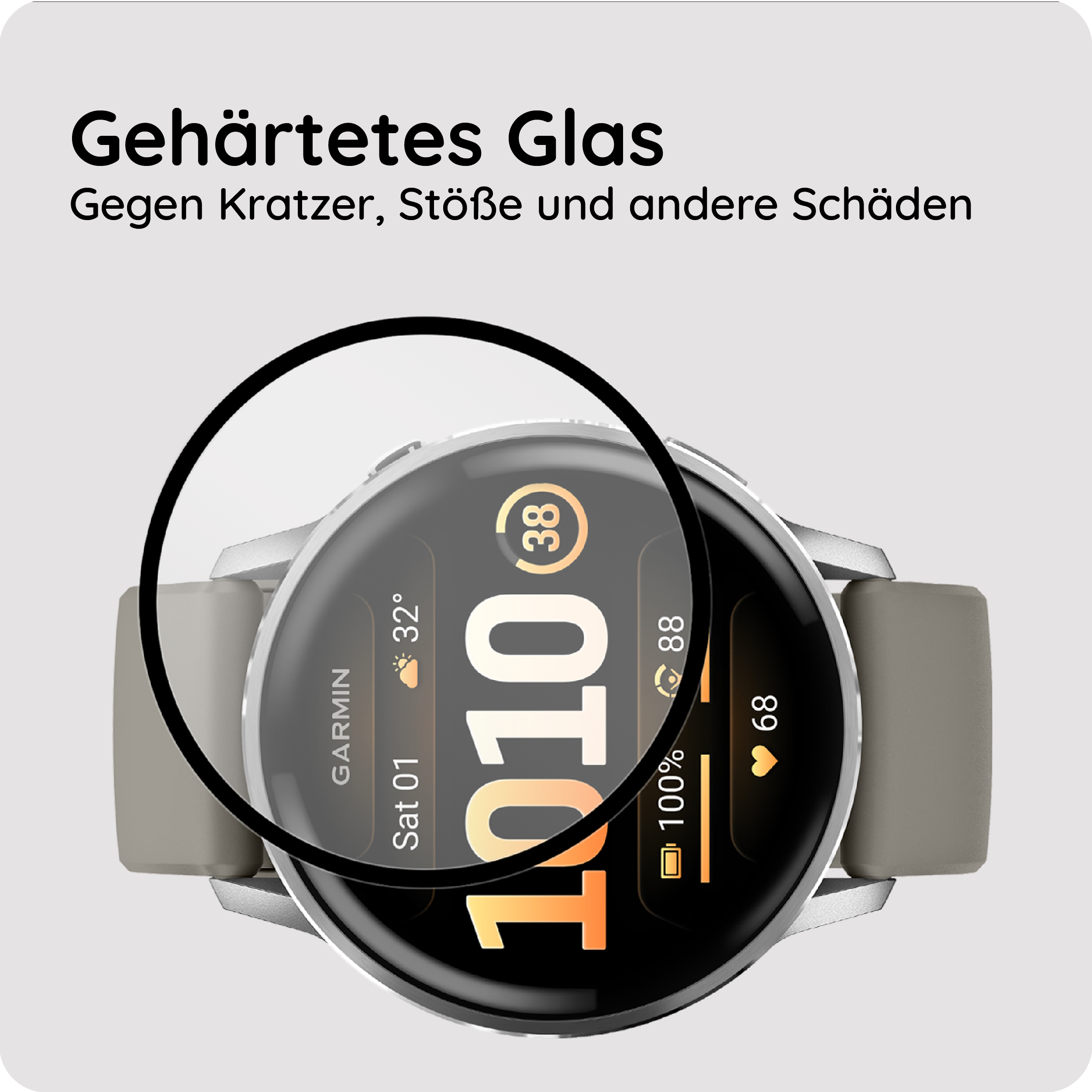 Ein graues Garmin Smartwatch-Display mit Uhrzeit und Wetter.
