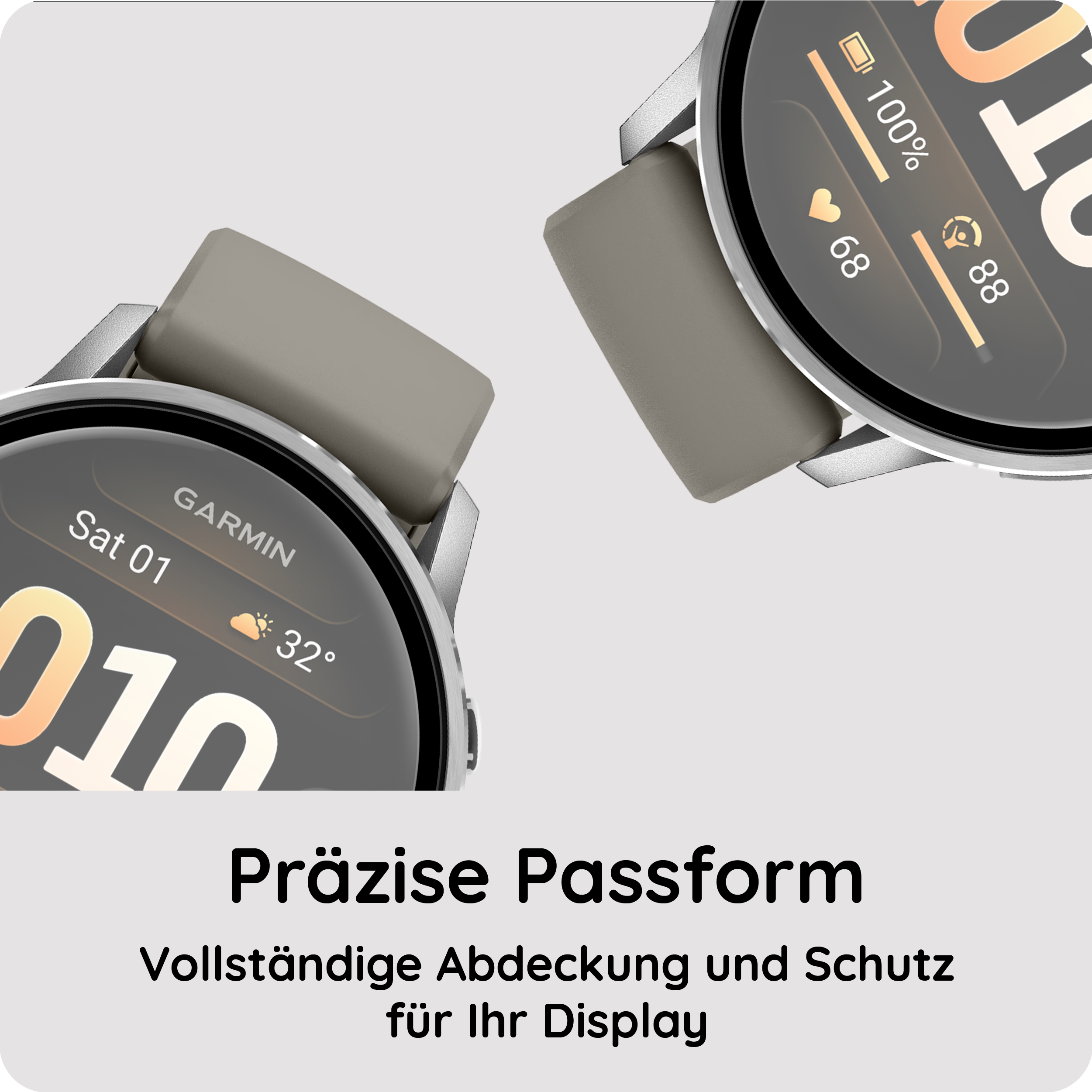 Zwei Garmin Smartwatches mit grauen Bändern. Eine zeigt 100% Akku.