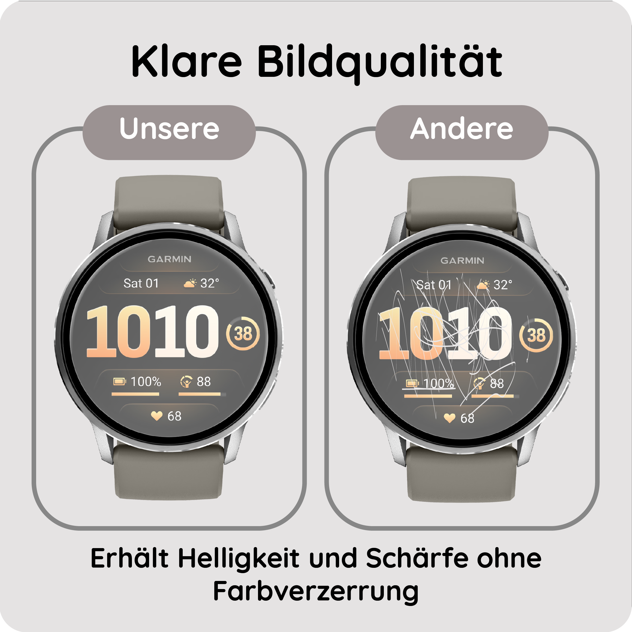 Zwei Garmin Smartwatches nebeneinander, eine mit 'Unsere' und eine mit 'Andere' beschriftet.
