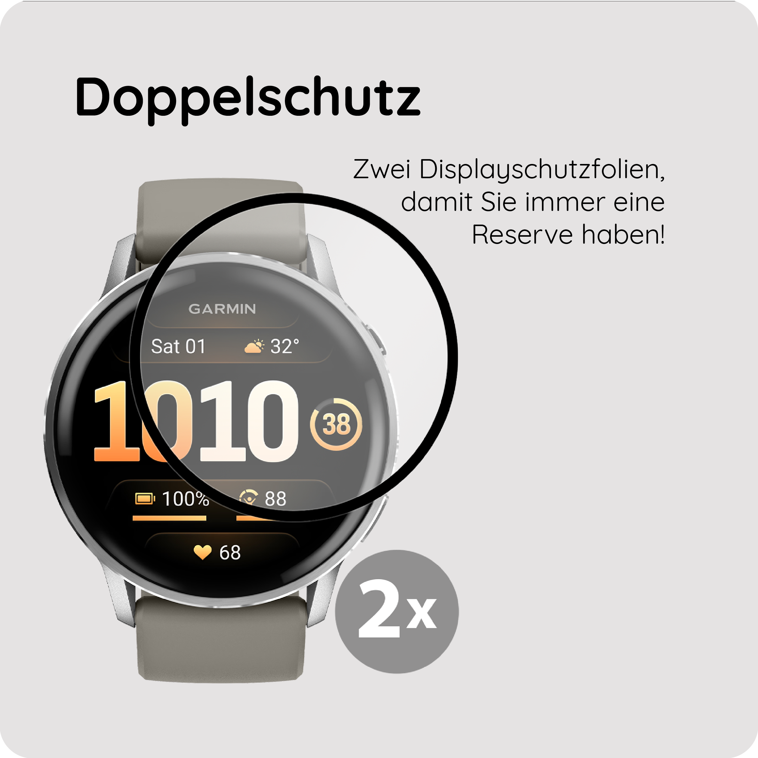 Eine Garmin Smartwatch mit zwei Displayschutzfolien, die 2x angedeutet sind.