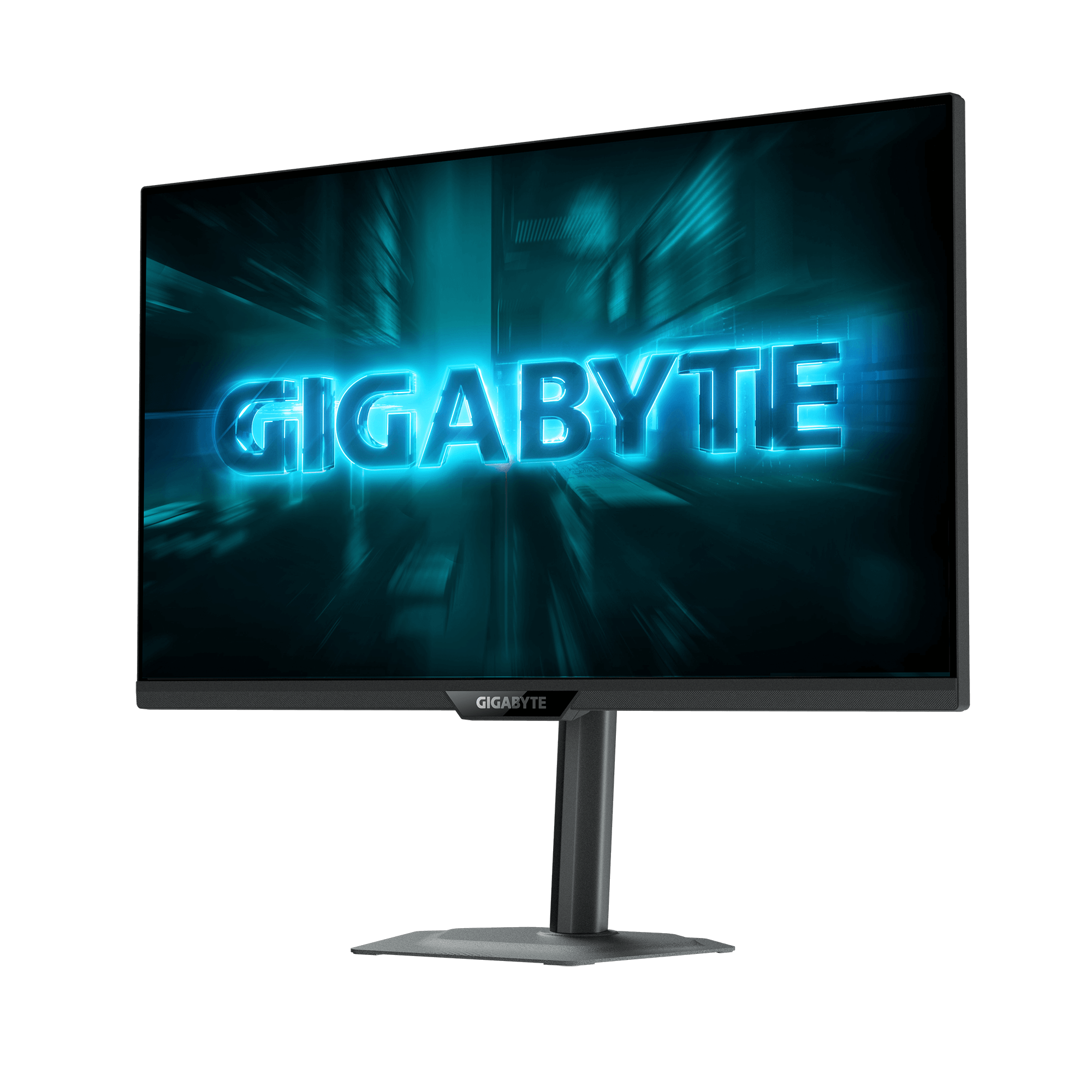 A black monitor displaying a glowing blue "GIGABYTE" logo against a dark background.