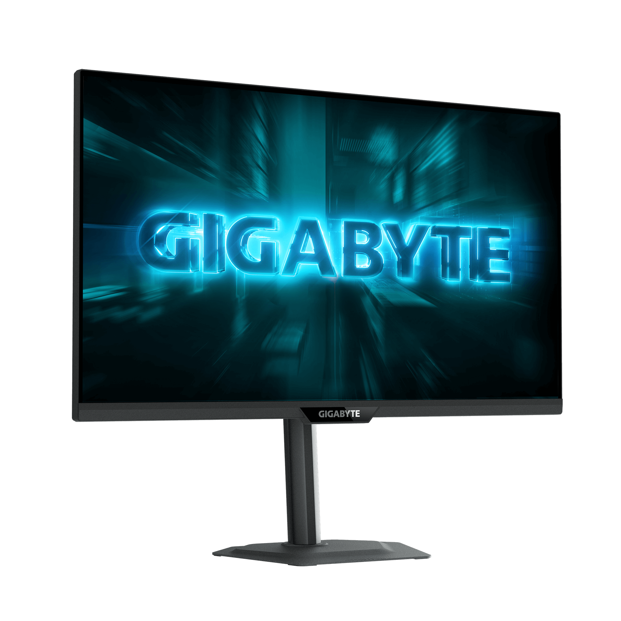 A neon blue GIGABYTE logo glows against a dark, blurred background.