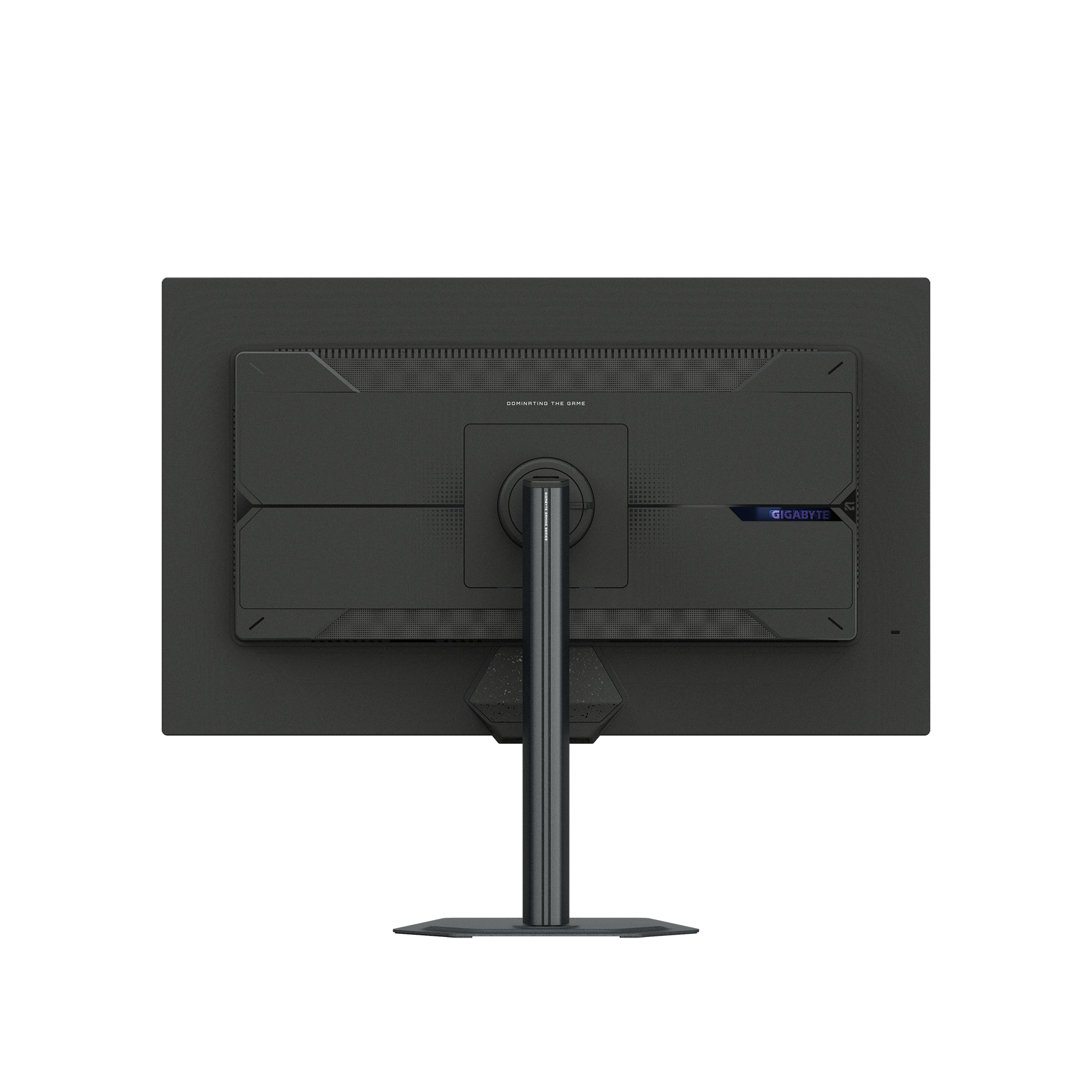 Back view of a black monitor with a silver stand and Gigabyte logo.