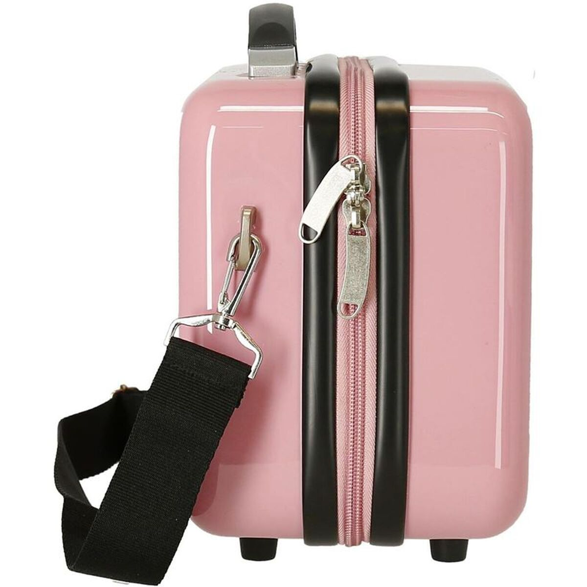 Ein kleiner rosa Koffer mit schwarzem Griff und Trageriemen.