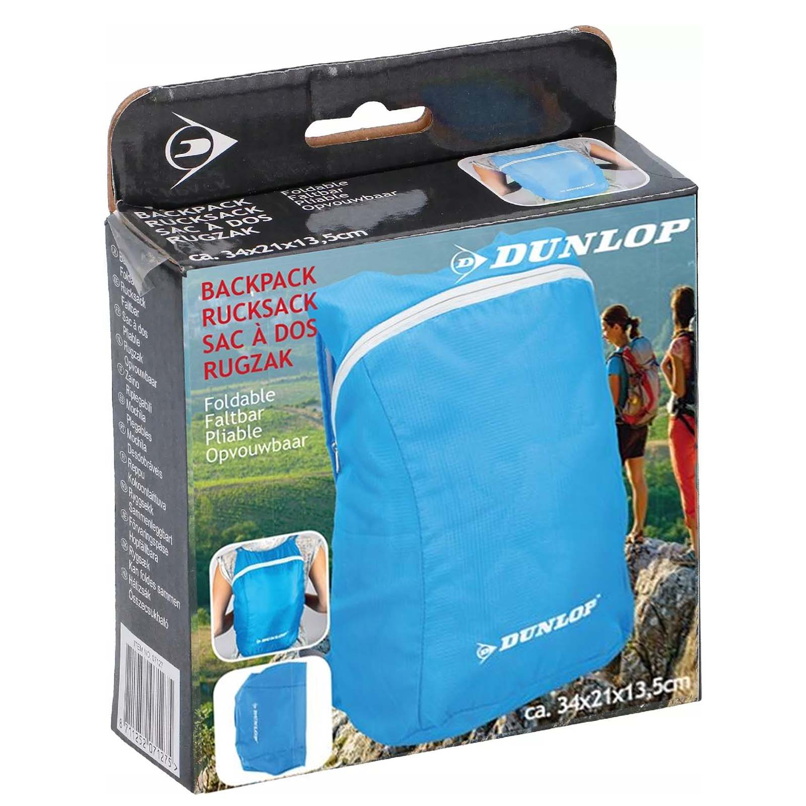 Zaino blu Dunlop su confezione con escursionisti sullo sfondo.
