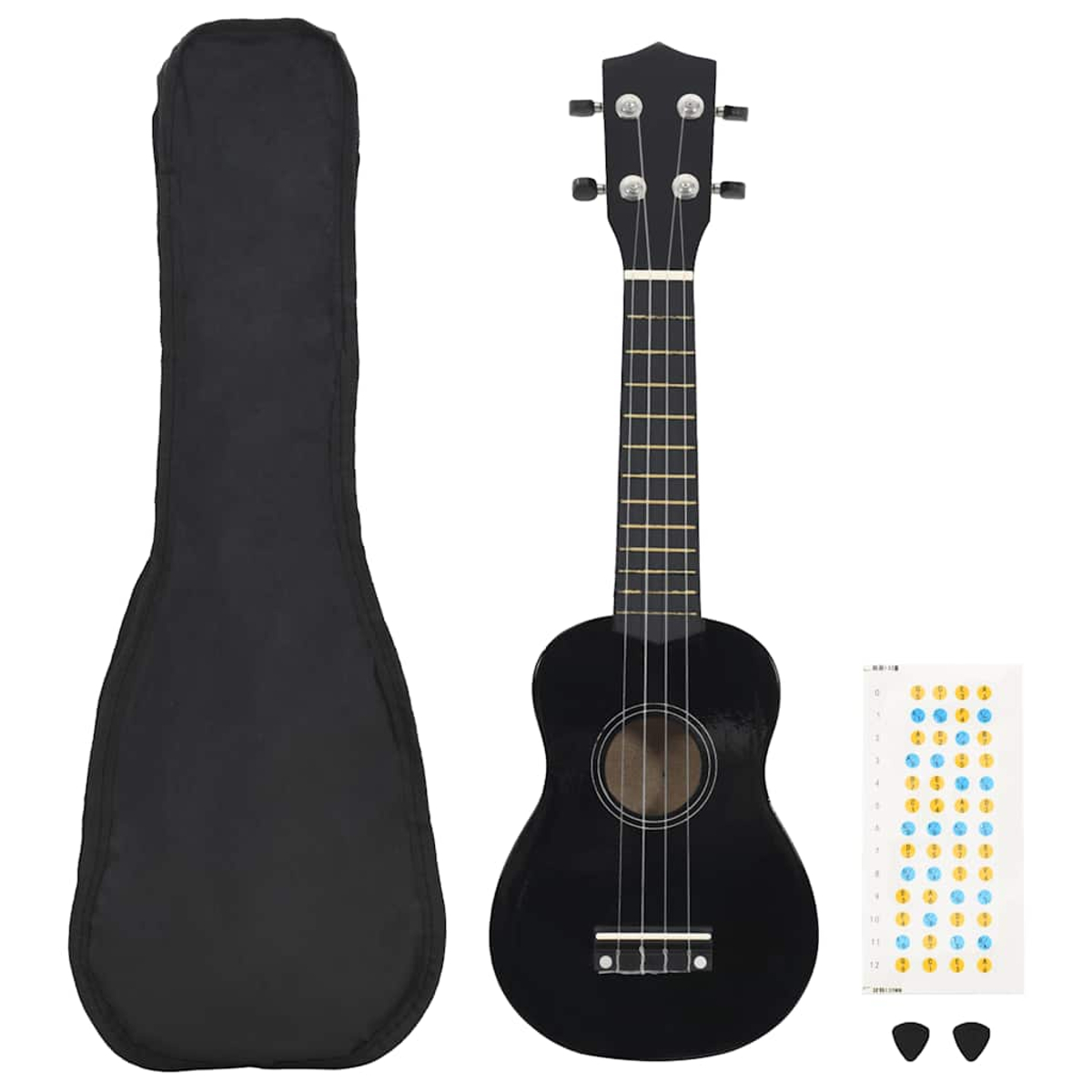 Schwarzes Ukulele-Set mit Tasche, Aufklebern und Plektren.