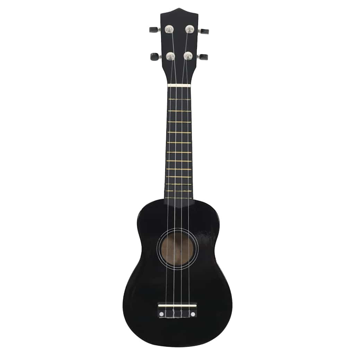 Eine schwarze Ukulele mit vier Saiten und silbernen Stimmwirbeln auf weißem Hintergrund.
