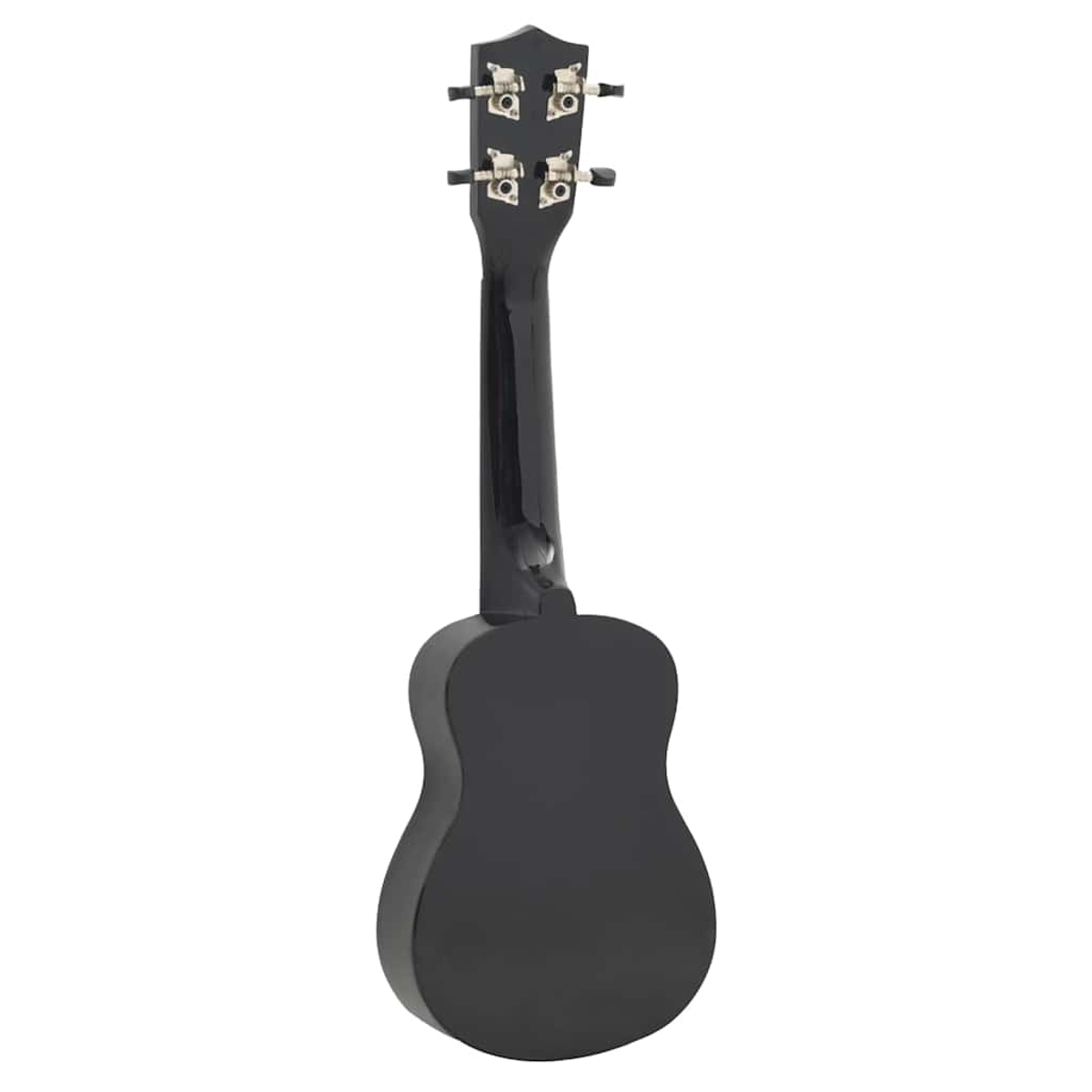 Rückansicht einer schwarzen Ukulele mit silbernen Stimmwirbeln am Kopf.