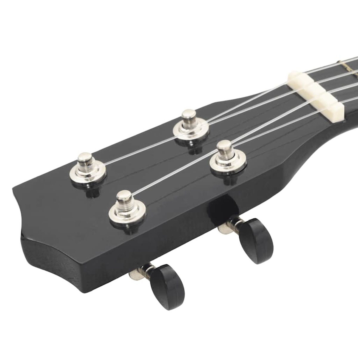 Nahaufnahme des schwarzen Kopfes einer Ukulele mit vier Saiten und Stimmwirbeln.