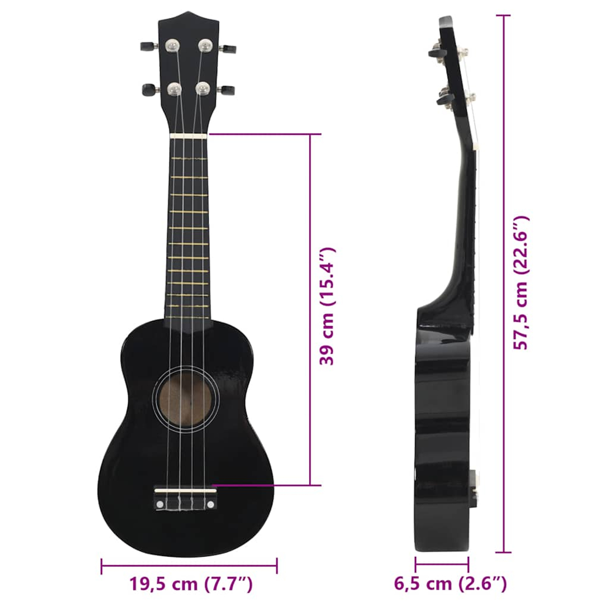 Schwarzes Ukulele mit Maßen: 19,5 cm breit, 39 cm Halslänge, 6,5 cm tief, 57,5 cm Gesamtlänge.