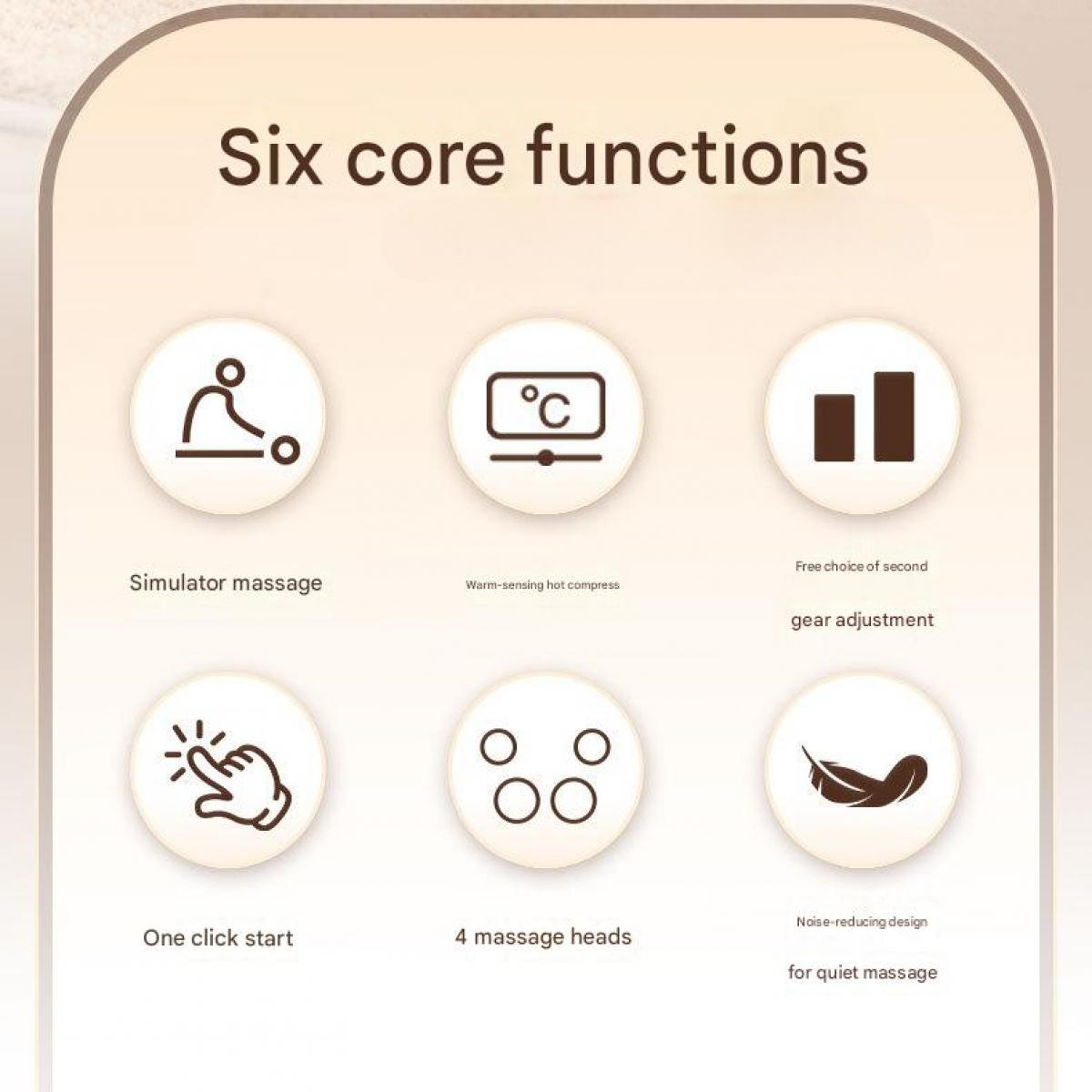 Sechs Kernfunktionen: Simulator-Massage, Warm-Kompression, Gangwahl, Ein-Klick-Start, 4 Massageköpfe, geräuscharm.