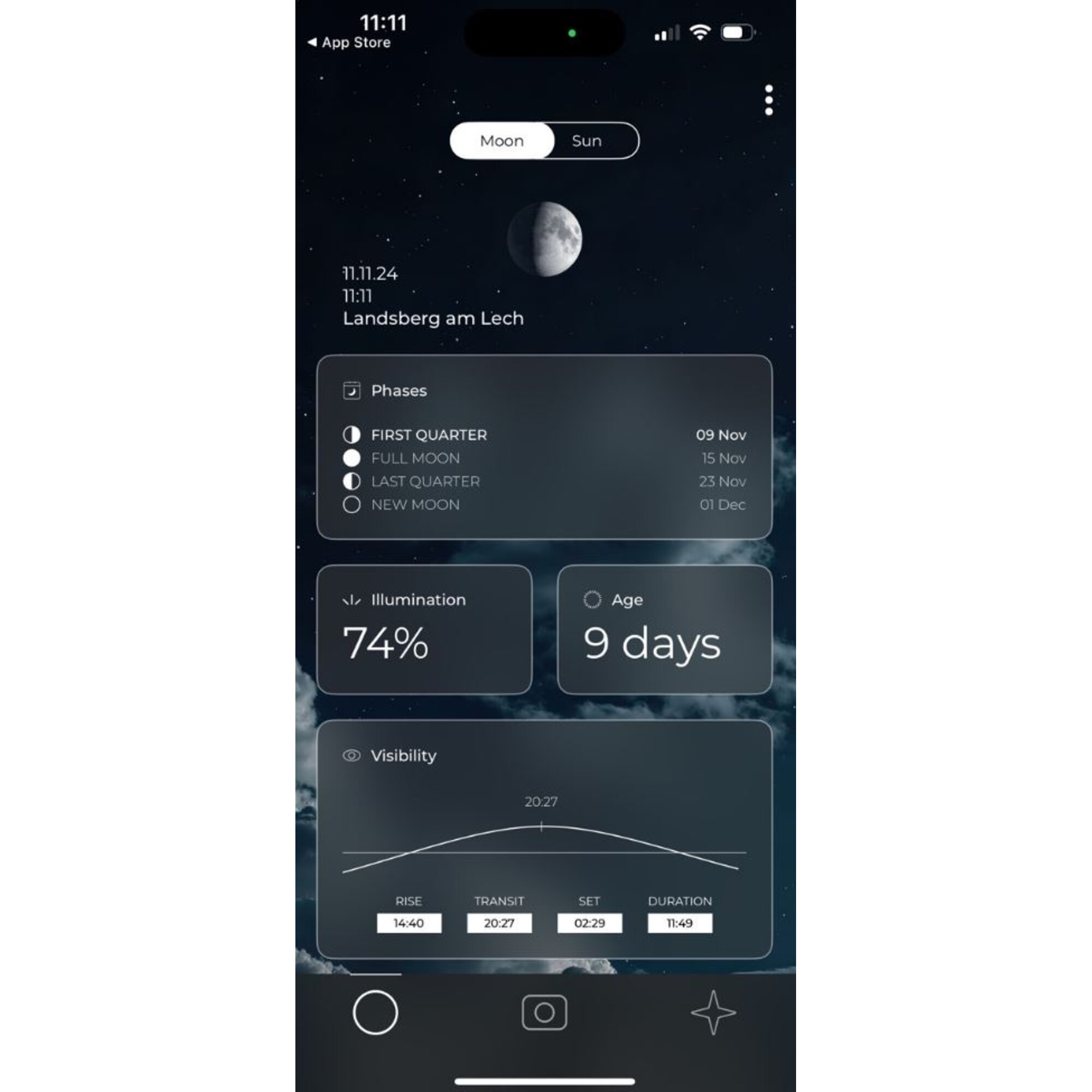 App fasi lunari: grafica di mezza luna, 74% illuminazione, età 9 giorni.