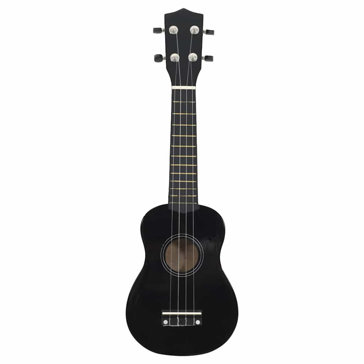 Eine schwarze Ukulele mit vier Saiten und silbernen Stimmwirbeln.
