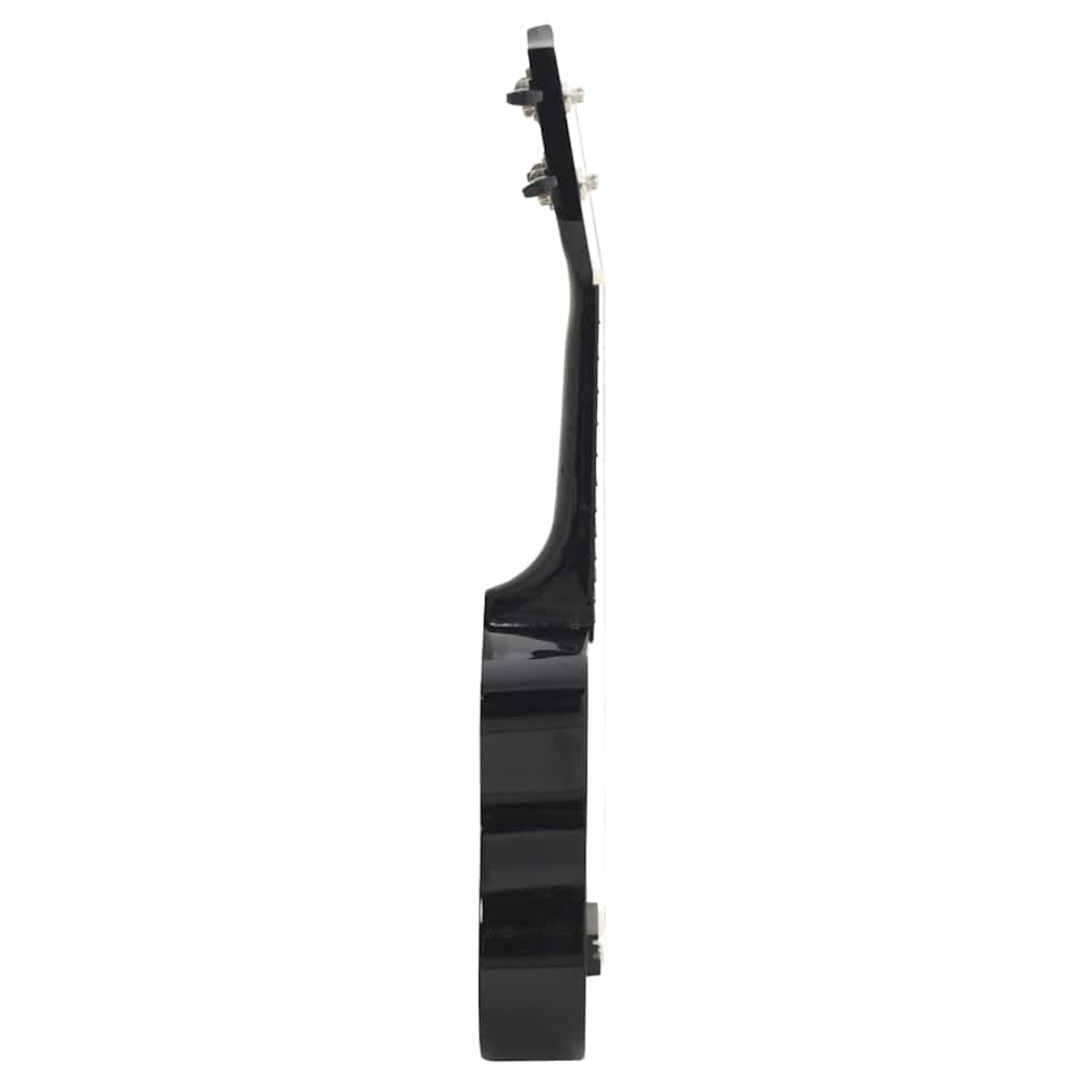 Schwarze Ukulele im Seitenprofil mit weißen Saiten und Stimmwirbeln.
