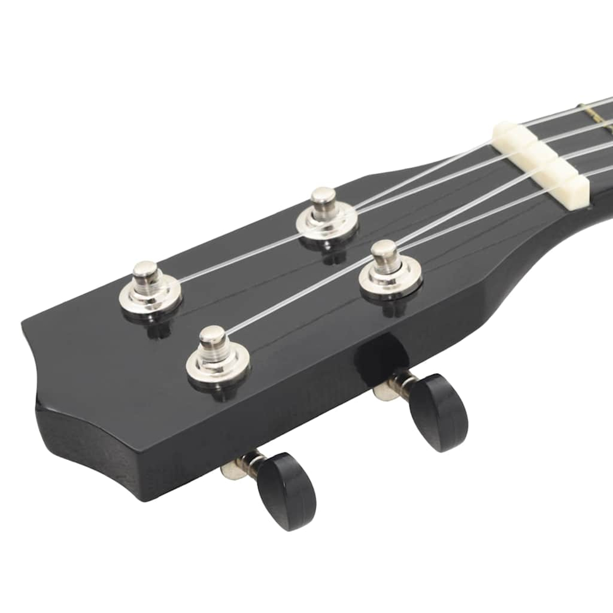 Nahaufnahme des schwarzen Ukulele-Kopfes mit Saiten und Stimmwirbeln.