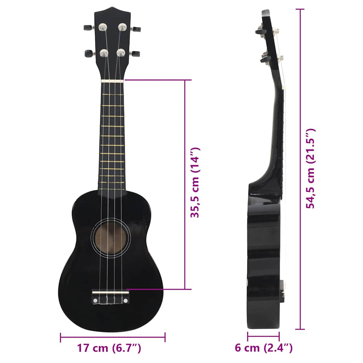 Schwarzes Ukulele-Vorder- und Seitenansicht mit Maßen. 17cm breit, 35,5cm Hals, 54,5cm hoch, 6cm tief.