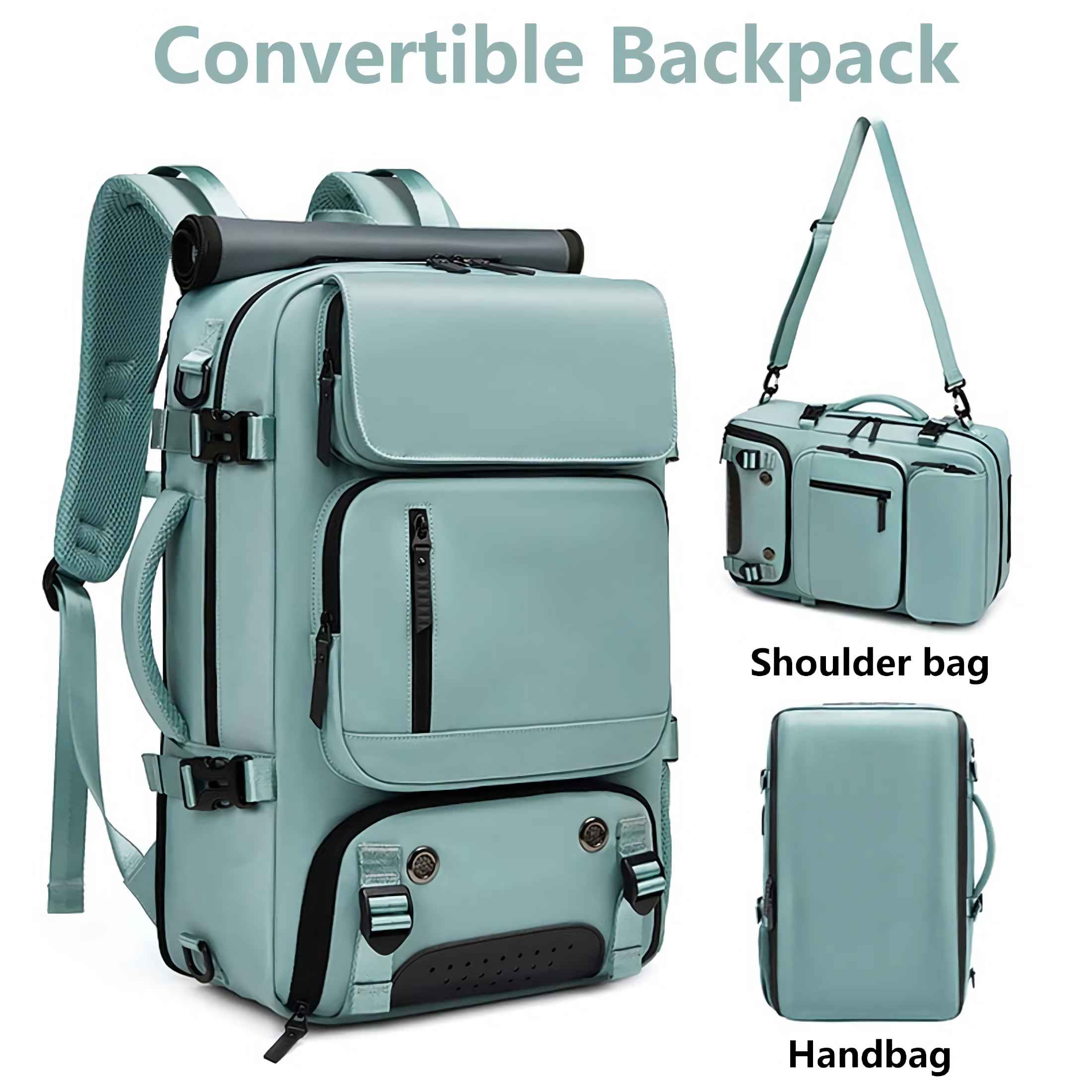 Ein türkisfarbener Rucksack, Umhängetasche und Handtasche mit schwarzen Akzenten.