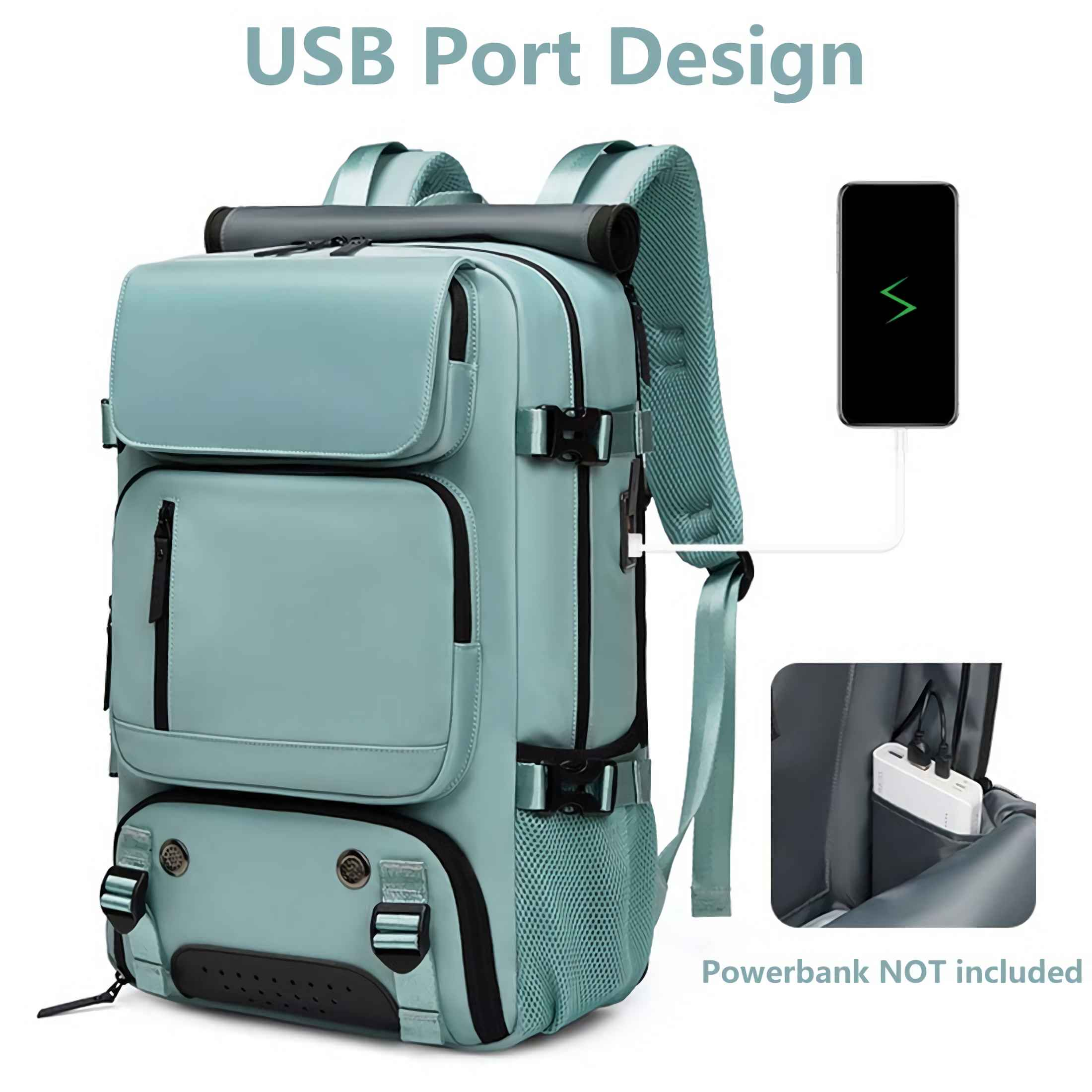 Ein teal Rucksack mit mehreren Taschen, mit USB-Anschluss und Handyaufladung.