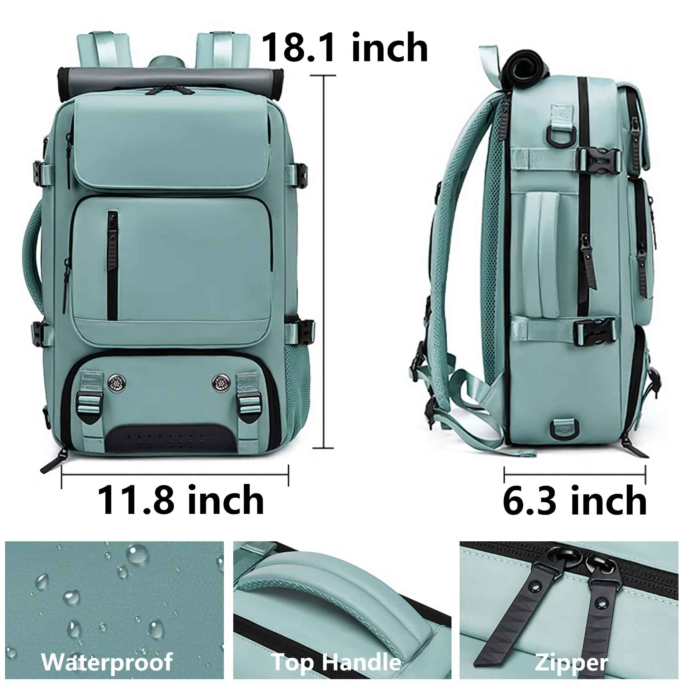 Ein mintgrüner Rucksack mit Maßen und Details wie Reißverschlüssen.