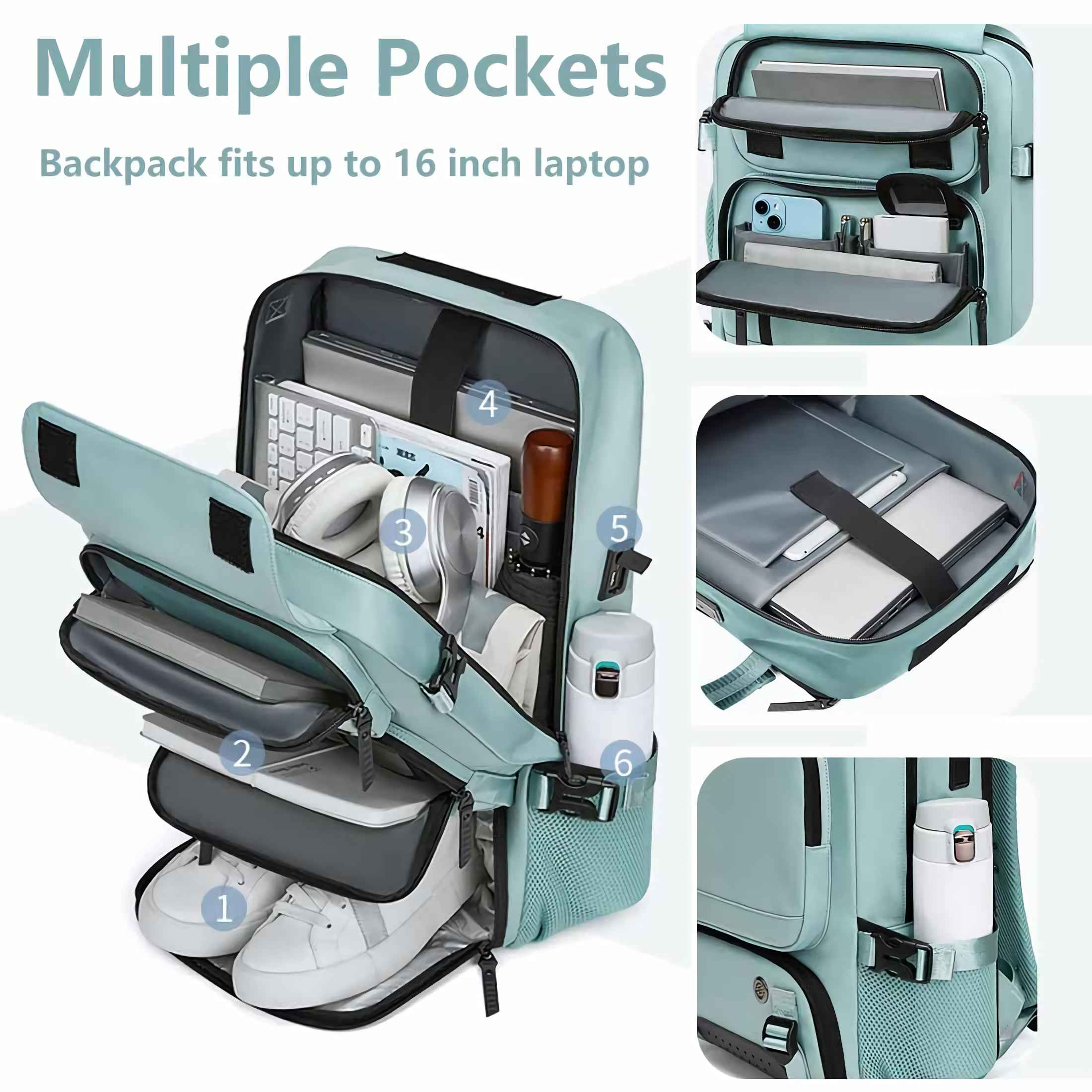 Hellblaue Rucksack mit vielen Fächern, Schuhen, Kopfhörern und Laptop.