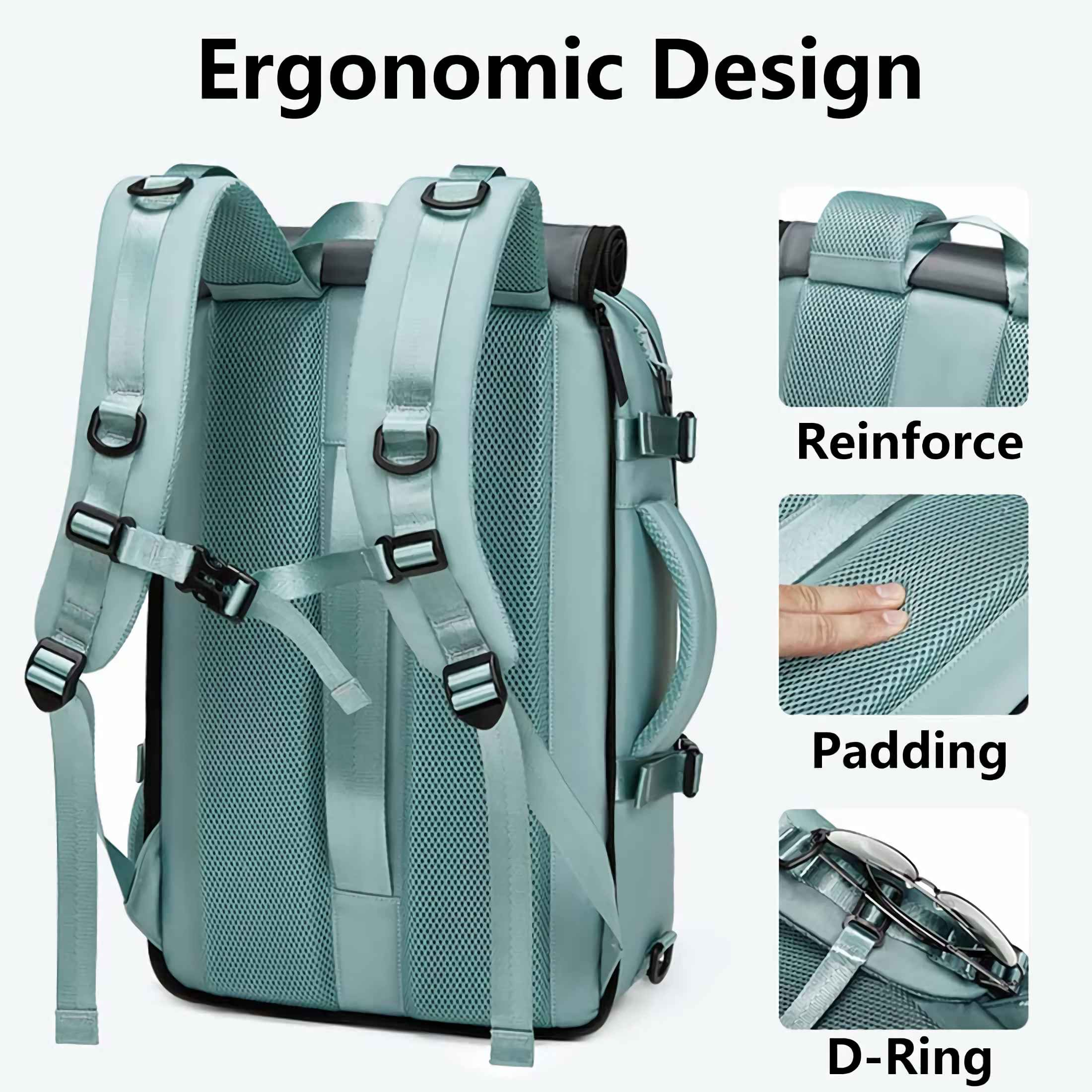 Rückseite eines mintgrünen Rucksacks mit gepolsterten Trägern und Mesh-Details.