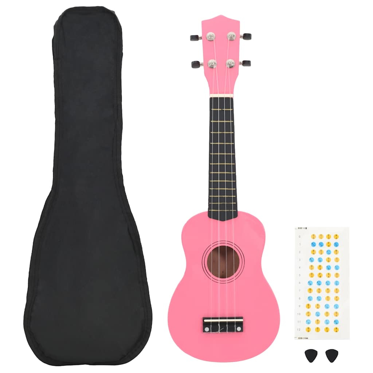 Eine pinke Ukulele mit schwarzem Koffer, Plektren und Akkordaufklebern.