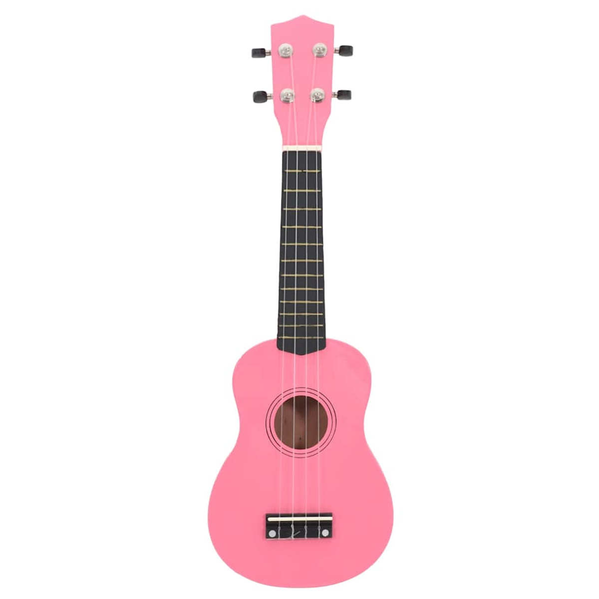 Eine rosafarbene Ukulele mit vier Saiten und schwarzen Stimmwirbeln.