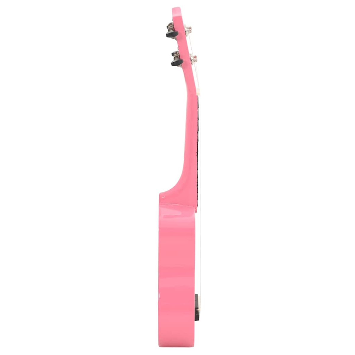 Eine rosafarbene Ukulele auf weißem Hintergrund, von der Seite gesehen.