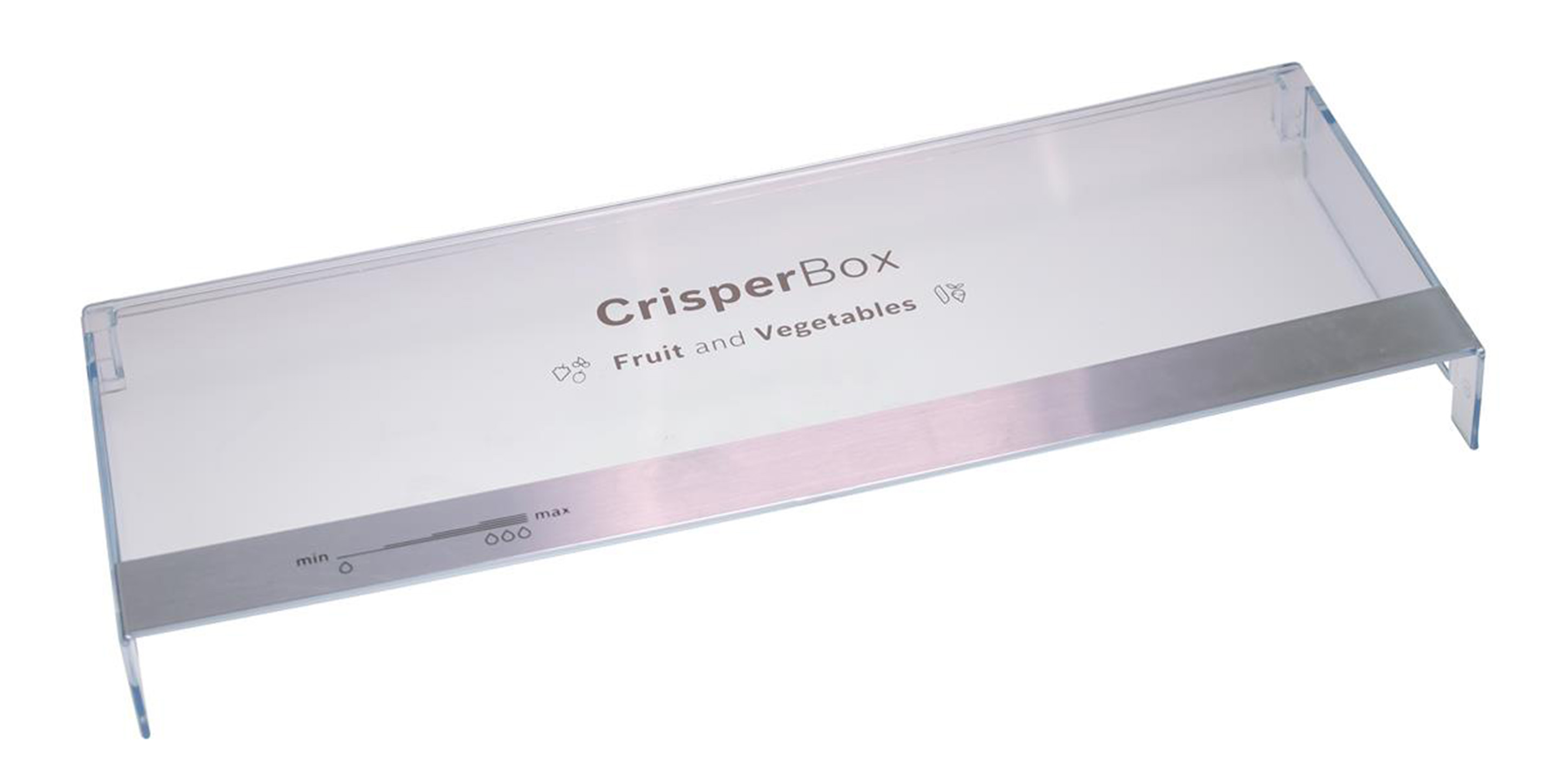 Transparenter Kühlschrankbehälter mit "CrisperBox"-Aufdruck und Min/Max-Schieberegler.