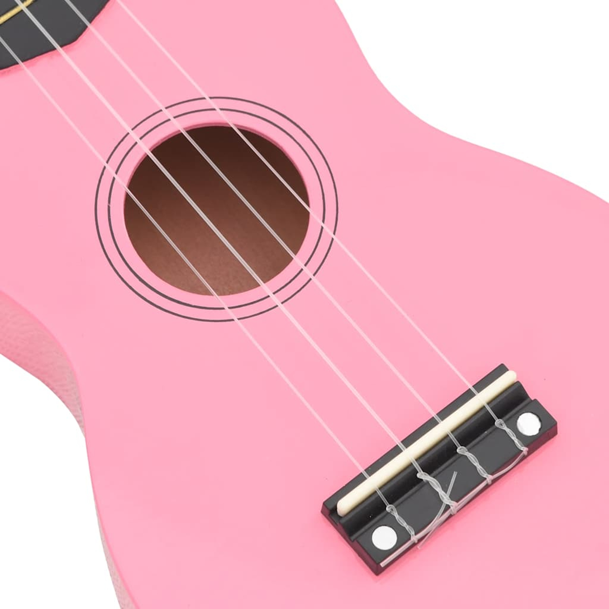 Ein pinkfarbenes Ukulele-Detail mit Saiten und Schallloch.